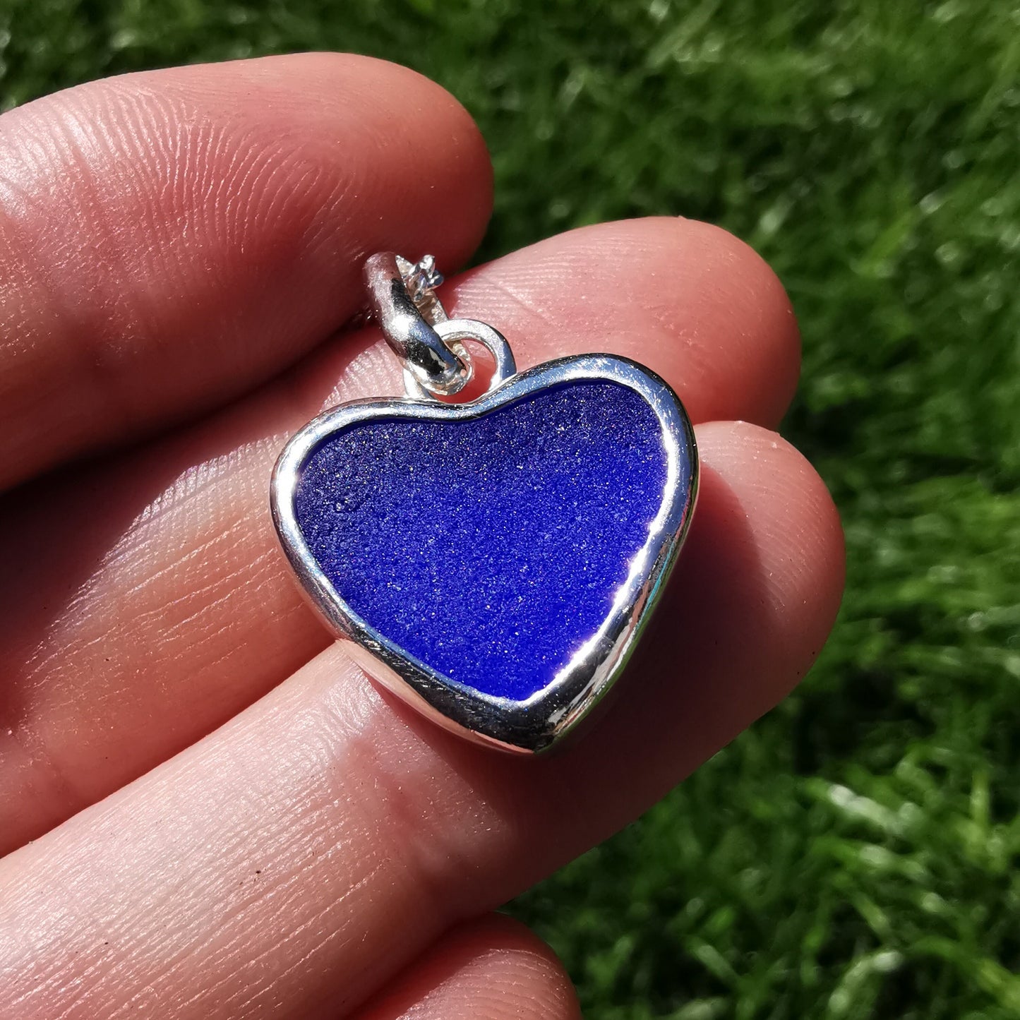 Scottish indigo blue sea glass heart pendant, sterling silver necklace - monopatin