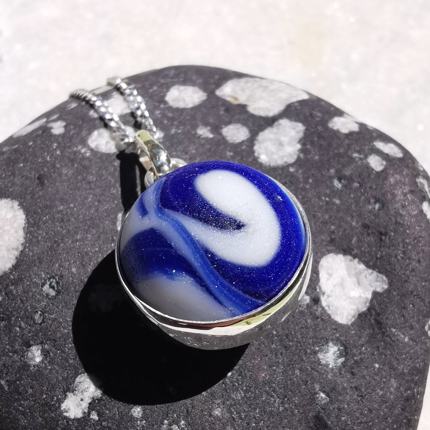 Scottish cobalt blue 'Wave' sea glass marble pendant, silver necklace - monopatin