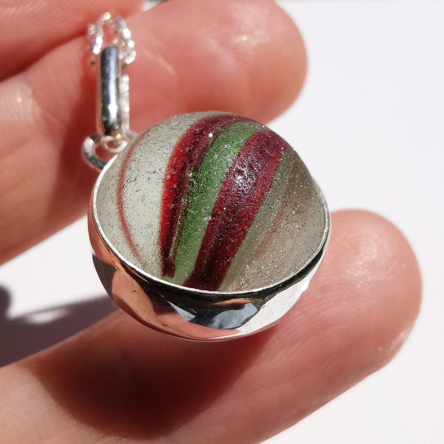 Scottish red and green sea glass marble pendant, sterling silver necklace - monopatin