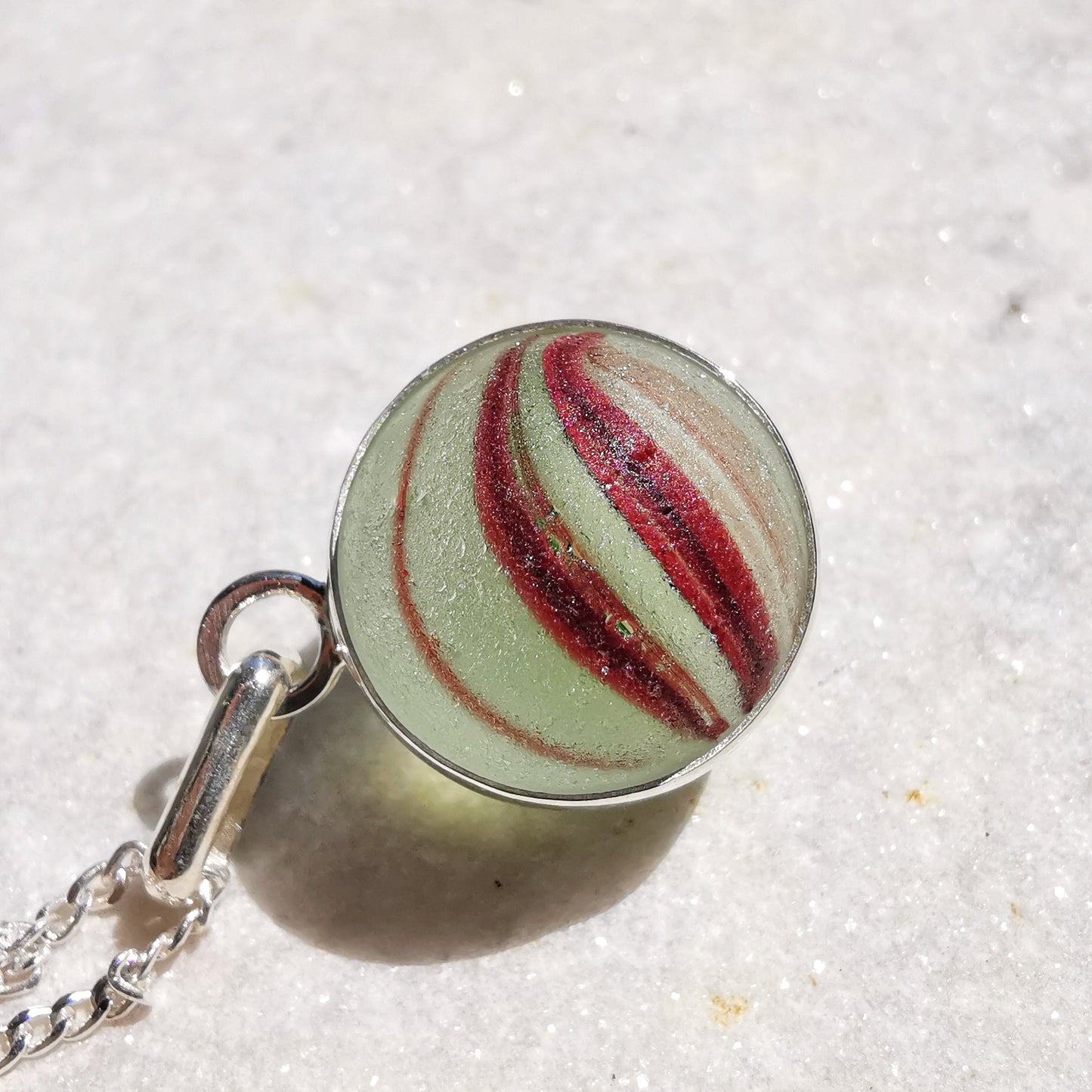 Scottish red and green sea glass marble pendant, sterling silver necklace - monopatin