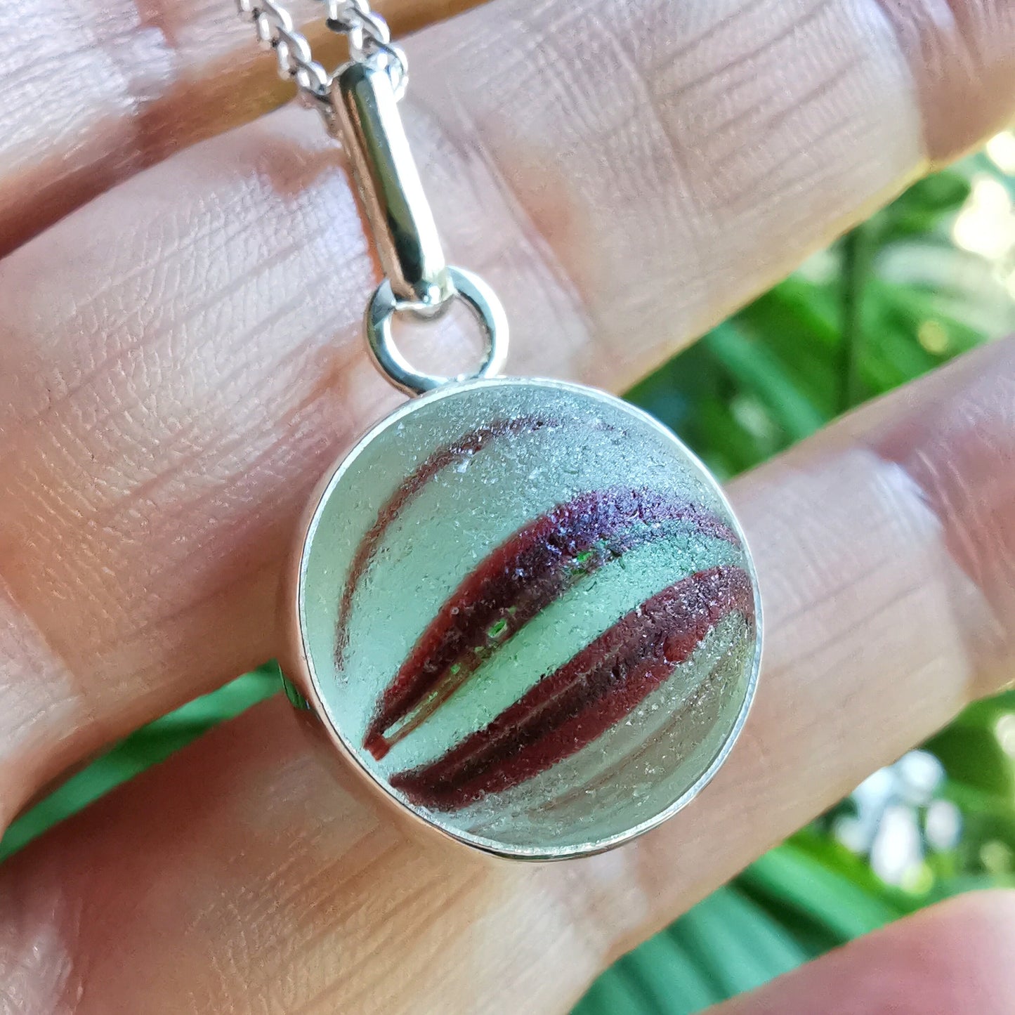 Scottish red and green sea glass marble pendant, sterling silver necklace - monopatin