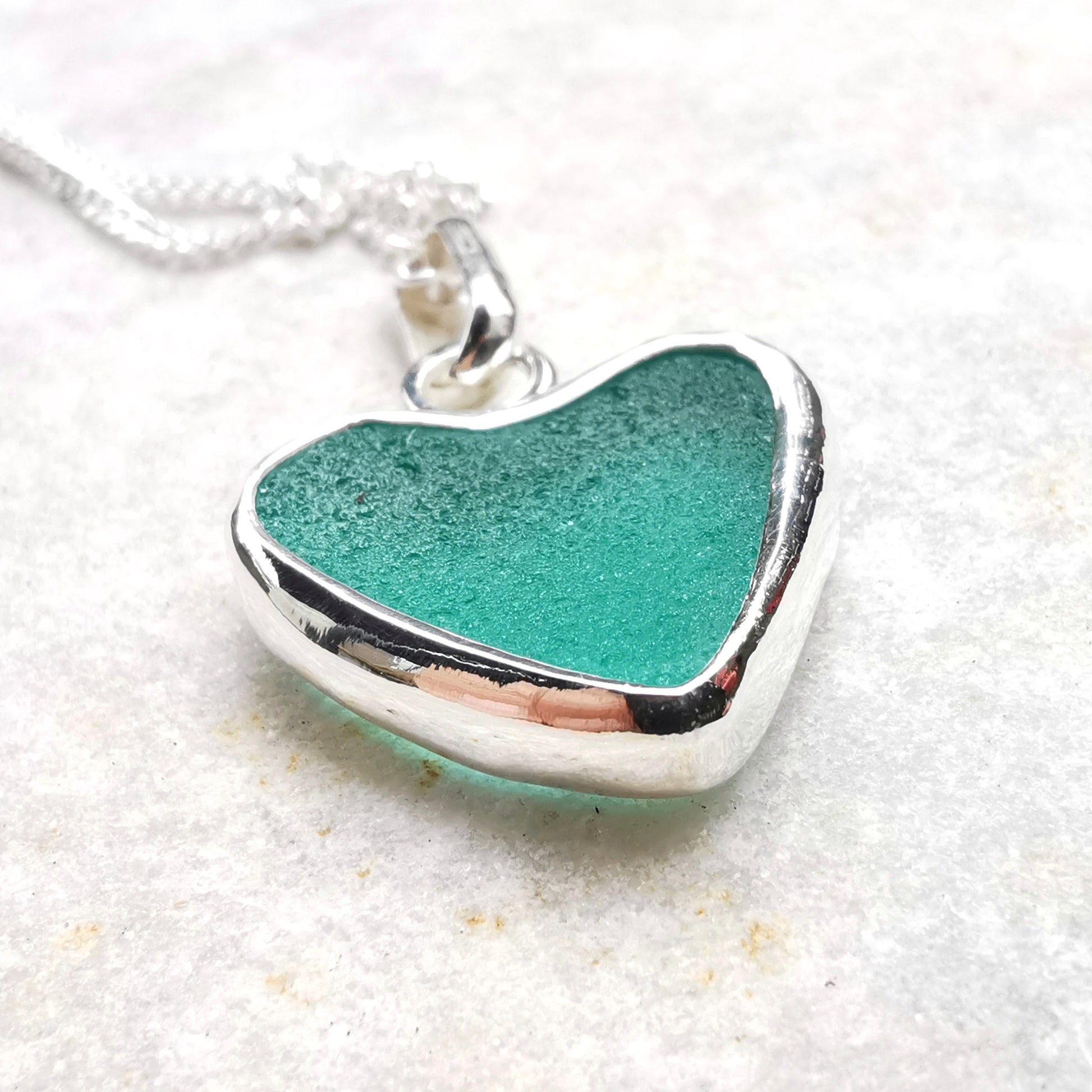 Scottish teal green sea glass heart pendant, sterling silver necklace - monopatin