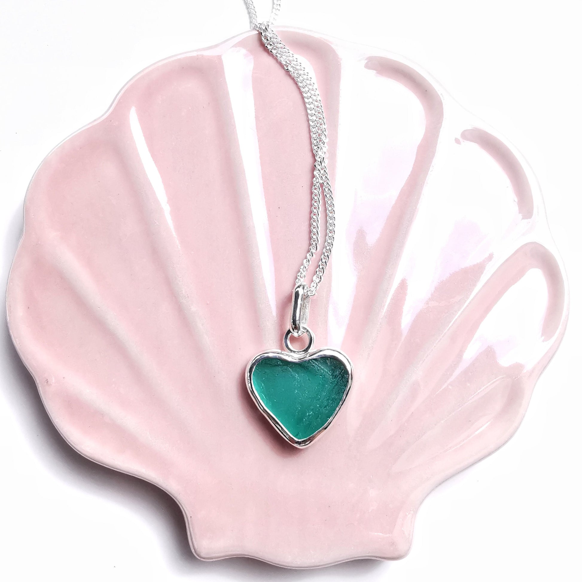 Scottish teal green sea glass heart pendant, sterling silver necklace - monopatin