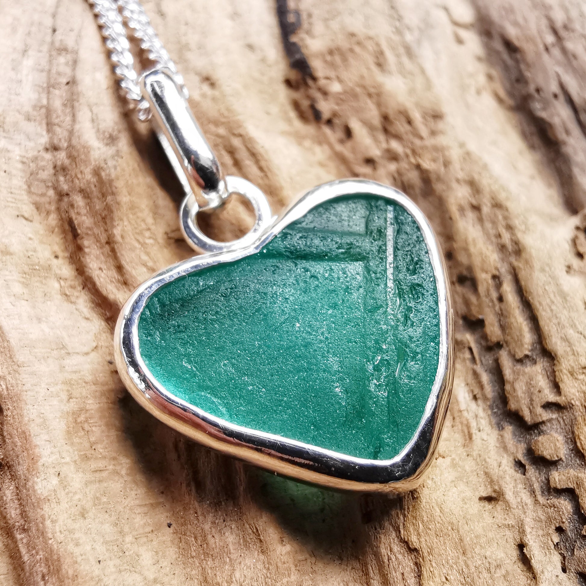 Scottish teal green sea glass heart pendant, sterling silver necklace - monopatin