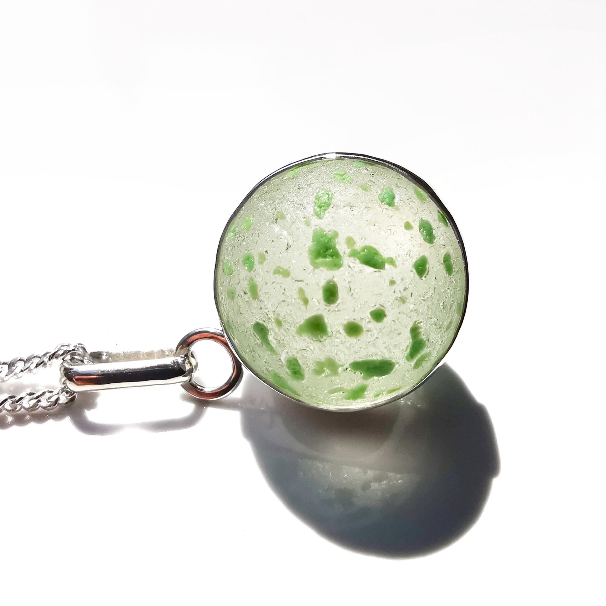 Green confetti sea glass marble pendant, sterling silver necklace - monopatin