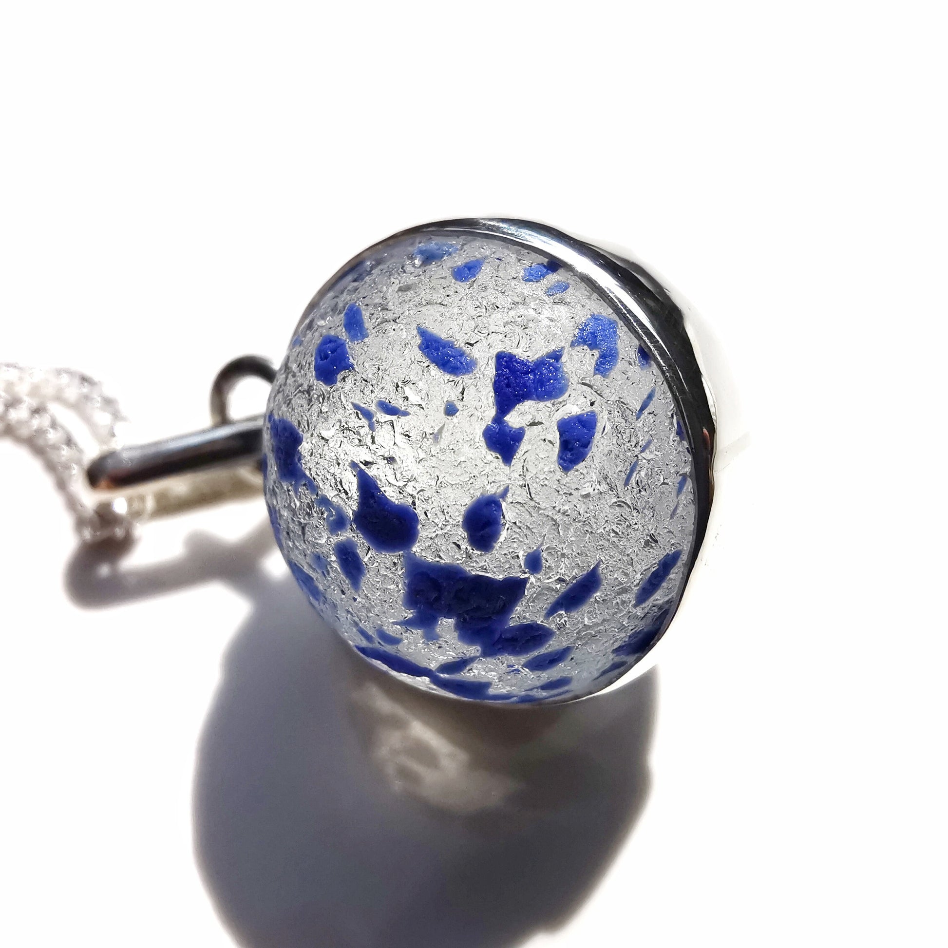 Blue confetti sea glass marble pendant, sterling silver necklace - monopatin