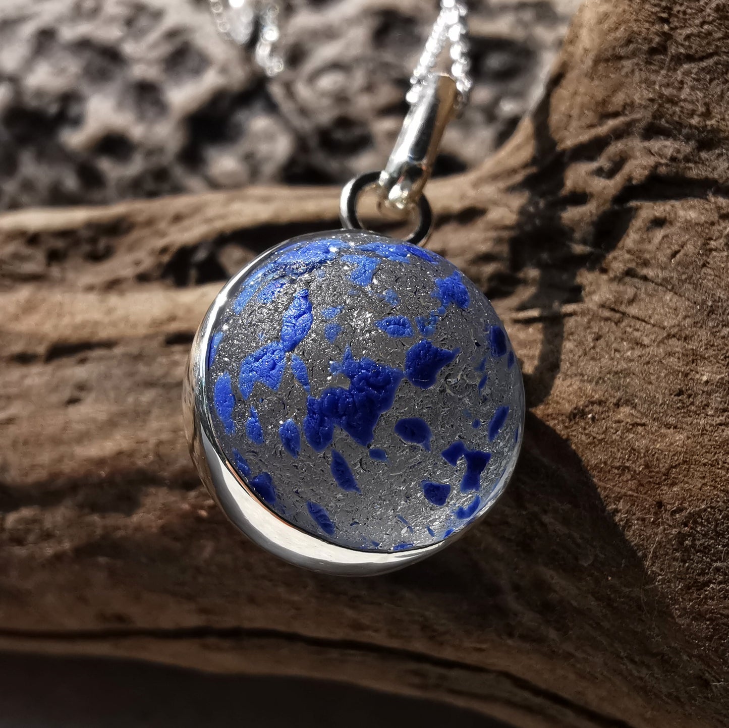 Blue confetti sea glass marble pendant, sterling silver necklace - monopatin