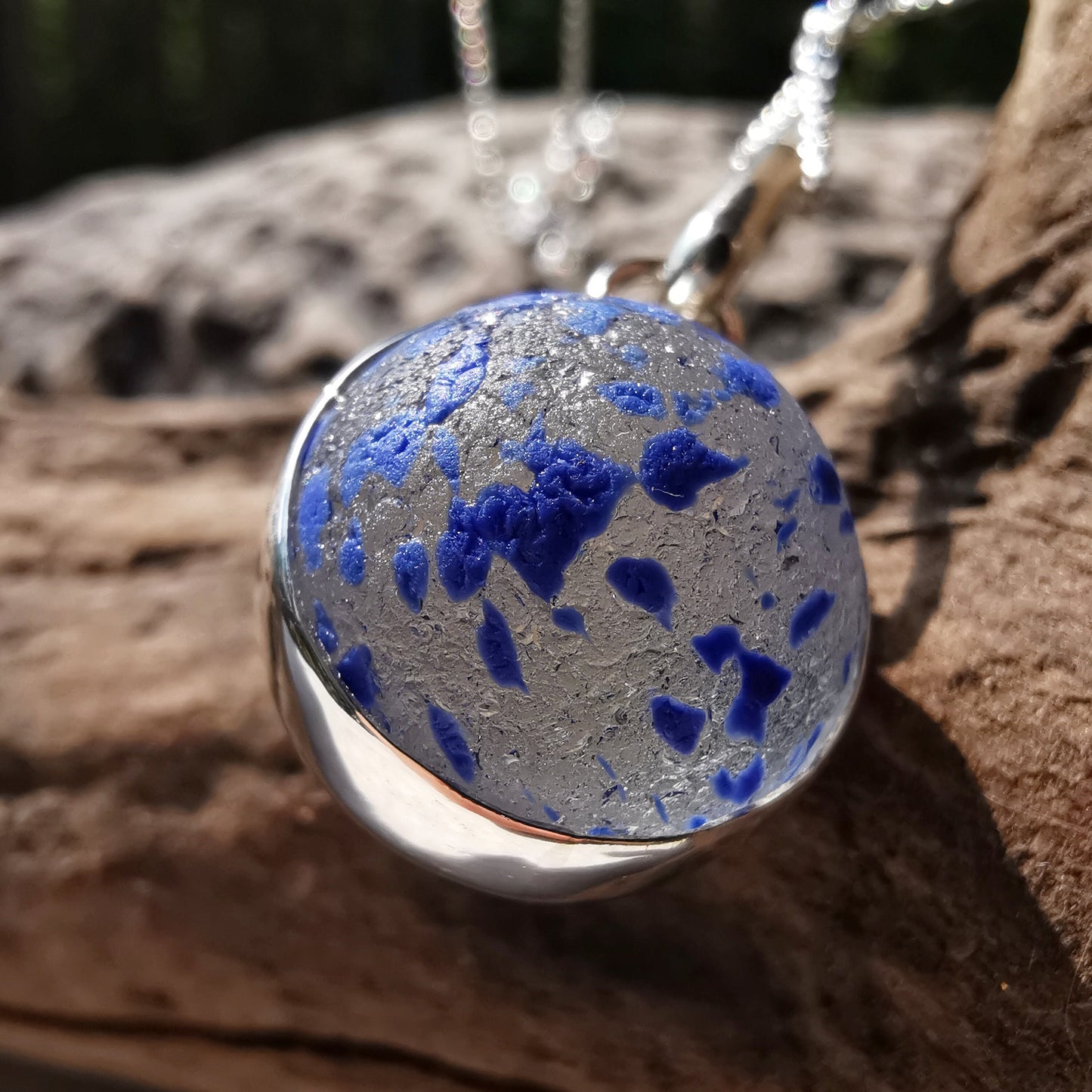 Blue confetti sea glass marble pendant, sterling silver necklace - monopatin