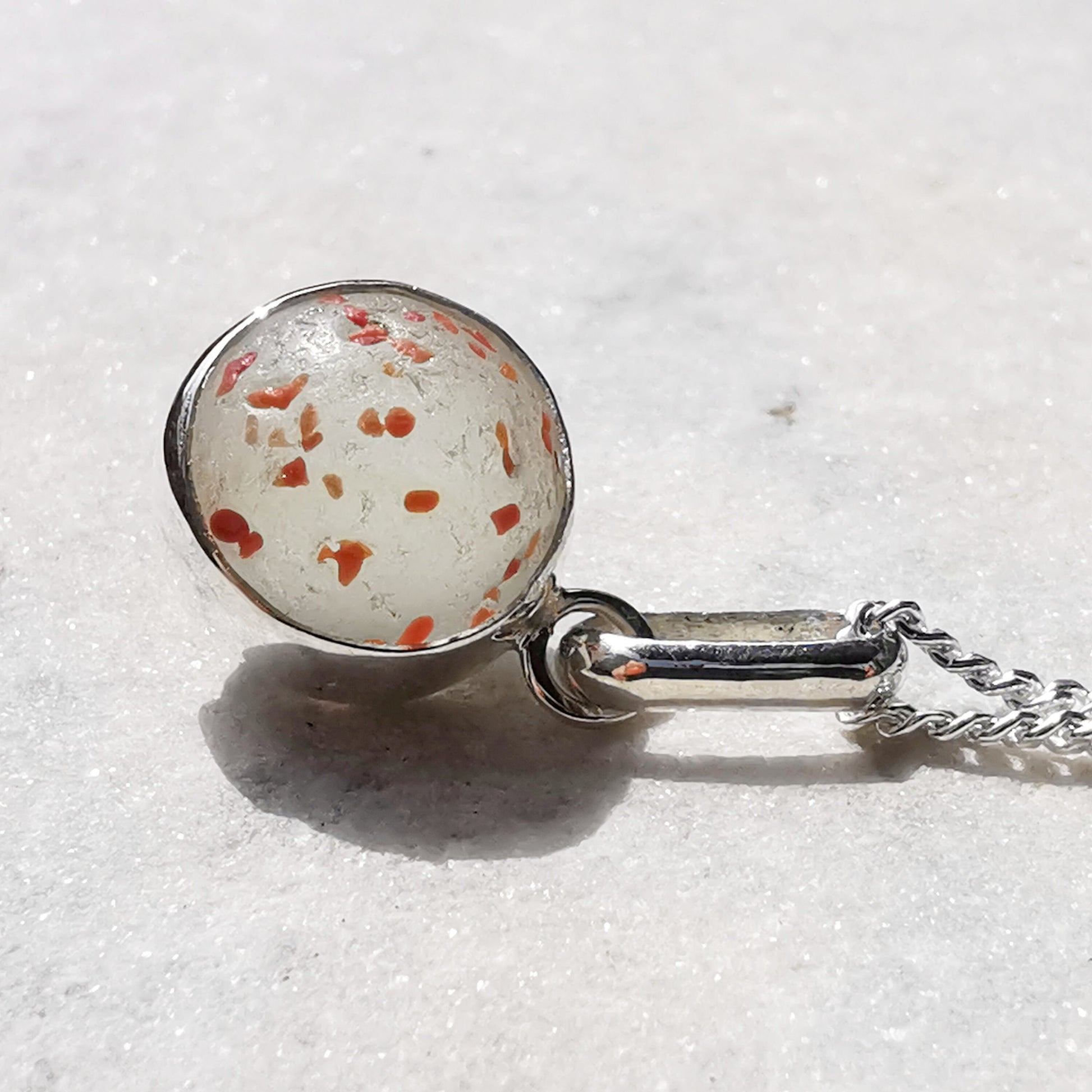 Tiny orange confetti sea glass marble pendant, sterling silver necklace - monopatin