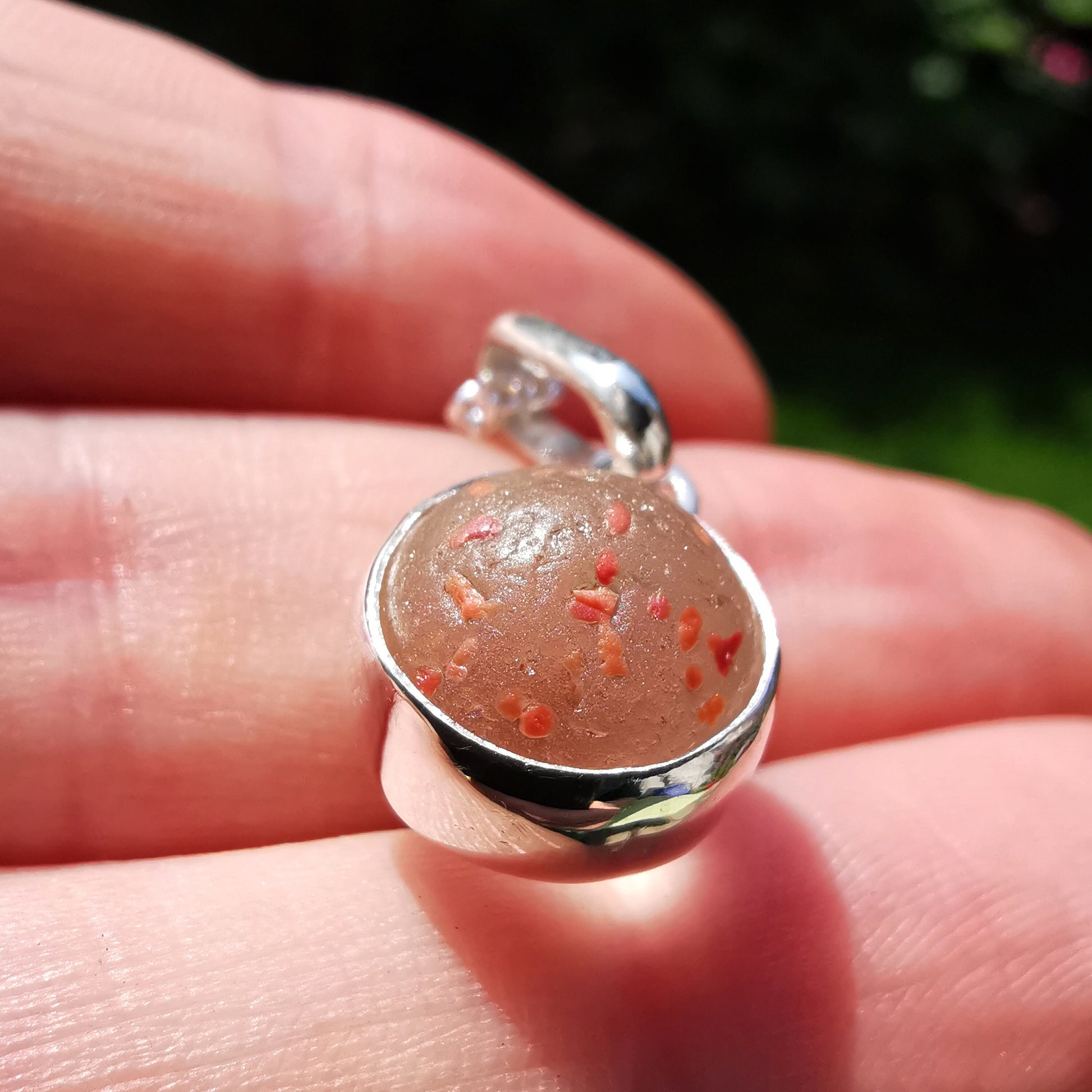 Tiny orange confetti sea glass marble pendant, sterling silver necklace - monopatin