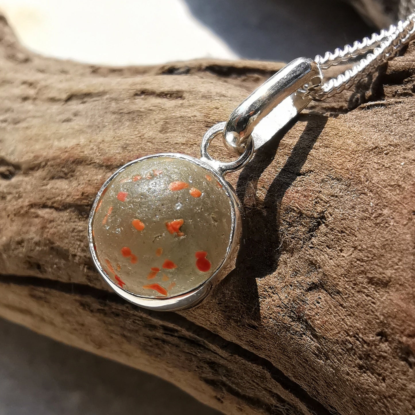 Tiny orange confetti sea glass marble pendant, sterling silver necklace - monopatin