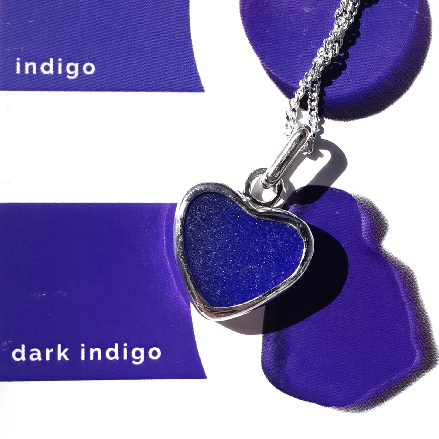 Scottish indigo blue sea glass heart pendant, sterling silver necklace - monopatin