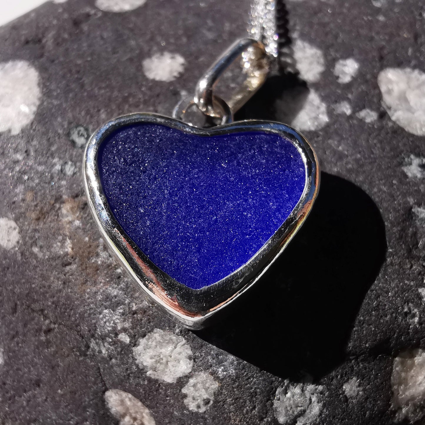 Scottish indigo blue sea glass heart pendant, sterling silver necklace - monopatin