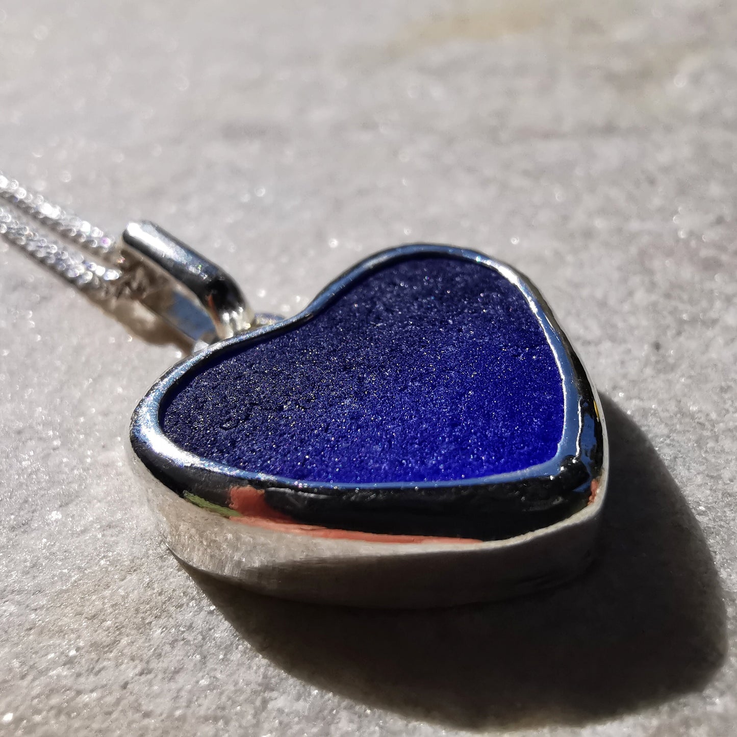 Scottish indigo blue sea glass heart pendant, sterling silver necklace - monopatin