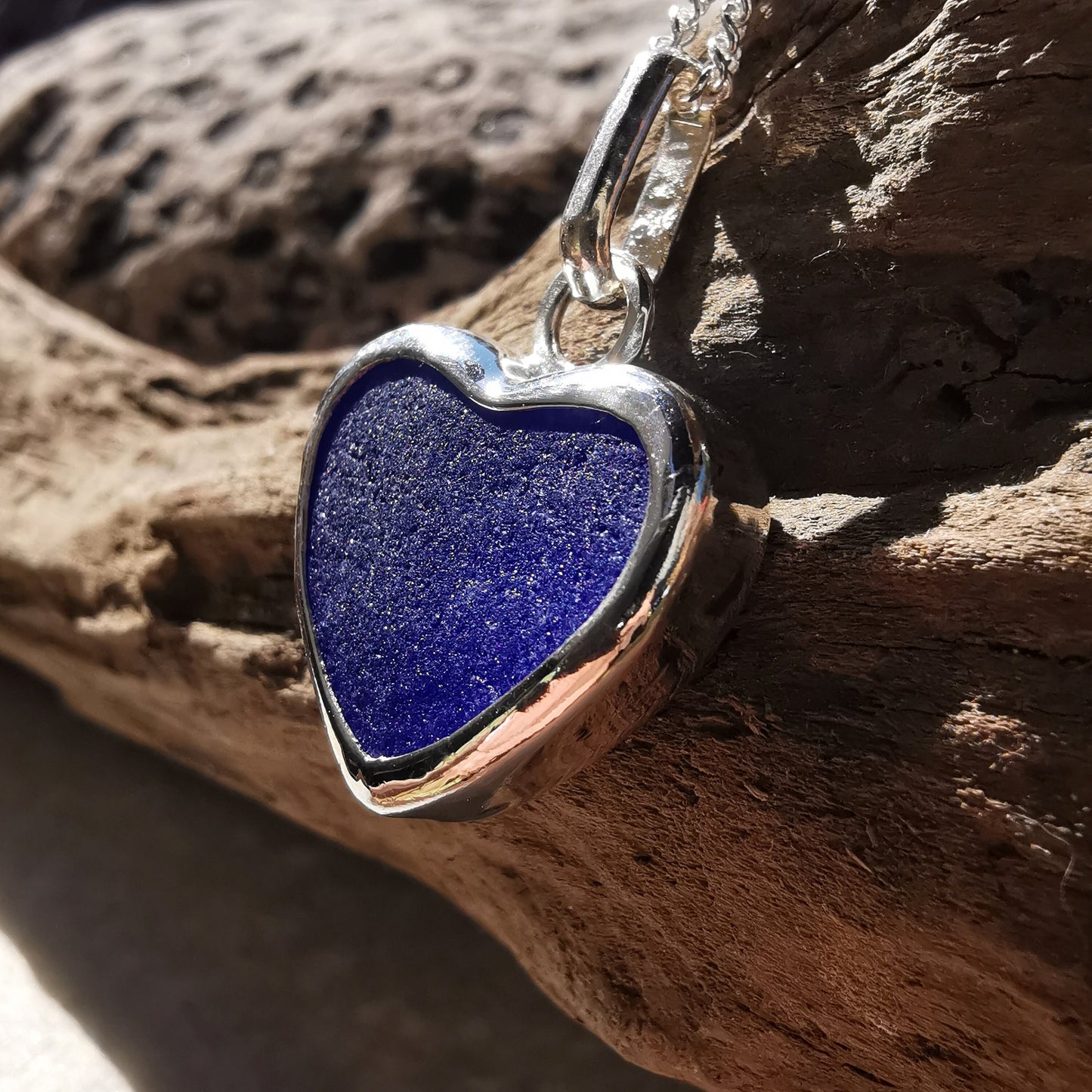 Scottish indigo blue sea glass heart pendant, sterling silver necklace - monopatin