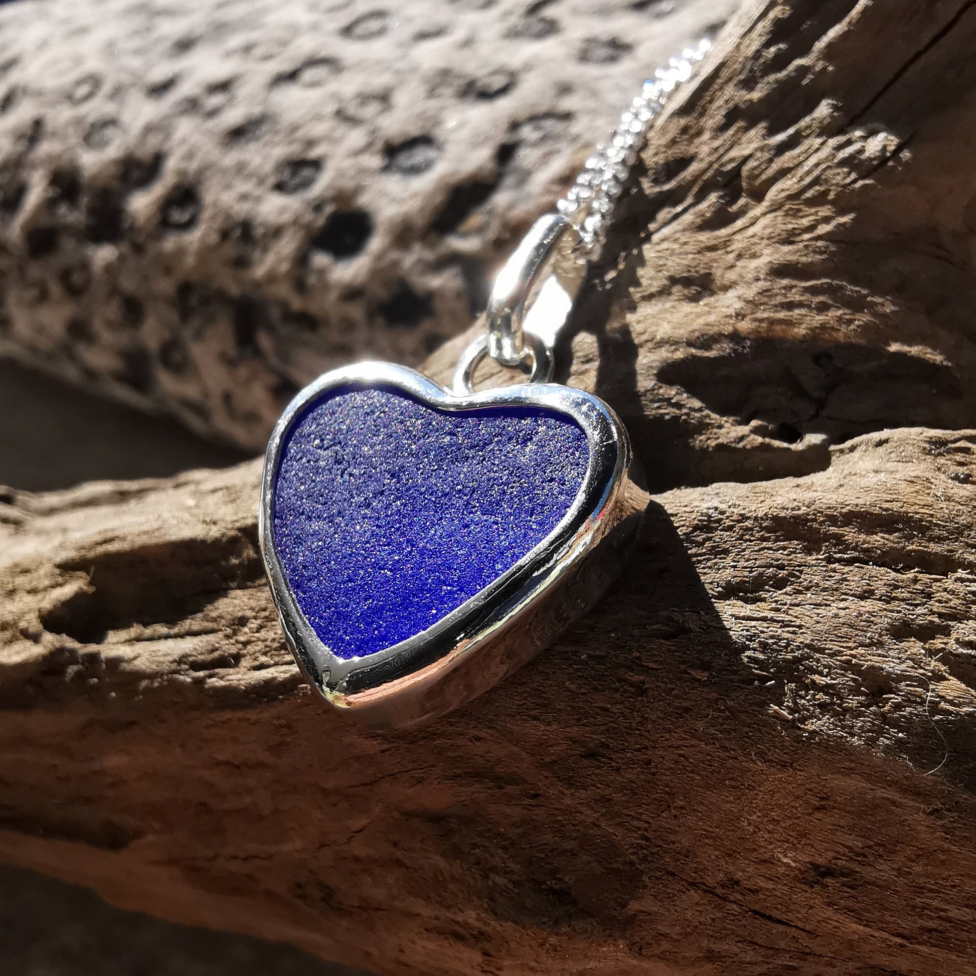 Scottish indigo blue sea glass heart pendant, sterling silver necklace - monopatin