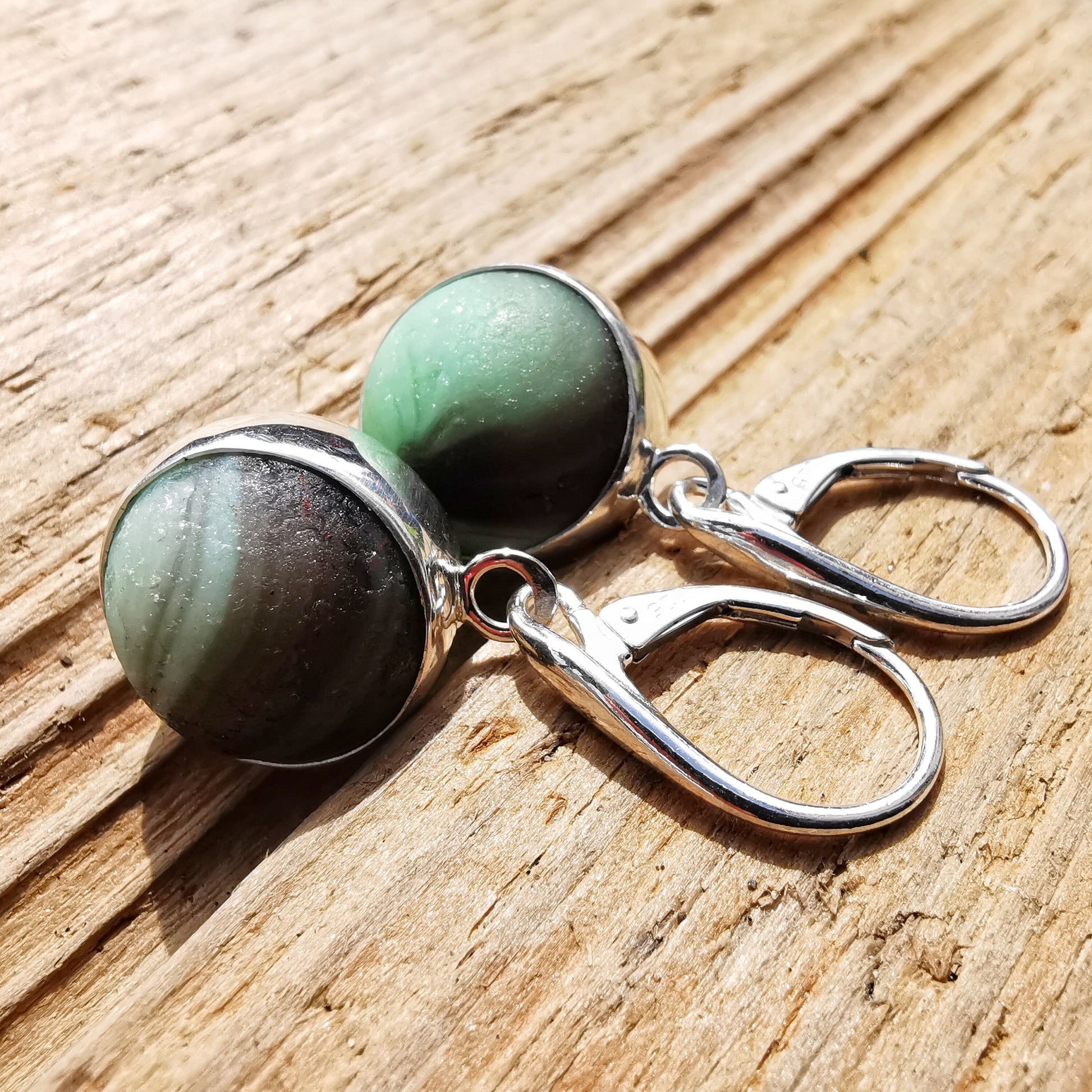 Genuine Scottish mint green and purple sea glass marbles and sterling silver earrings - monopatin