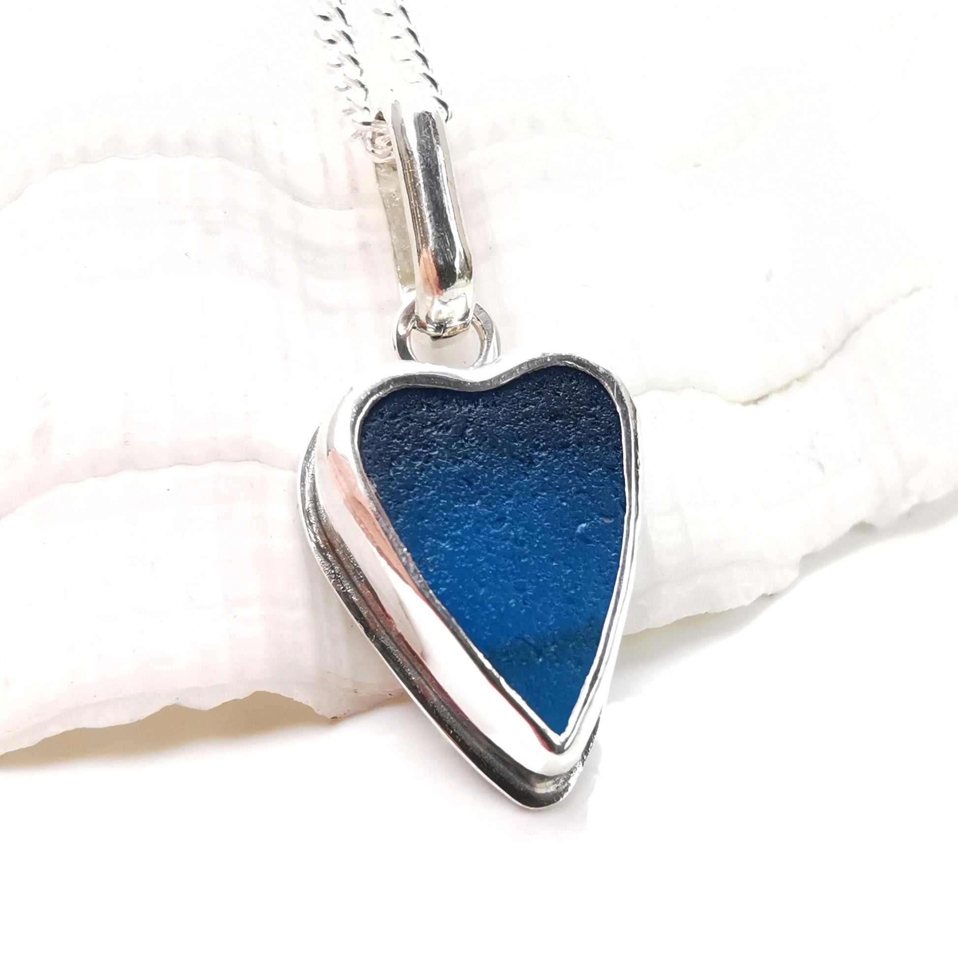 Scottish electric blue sea glass heart pendant, sterling silver necklace - monopatin