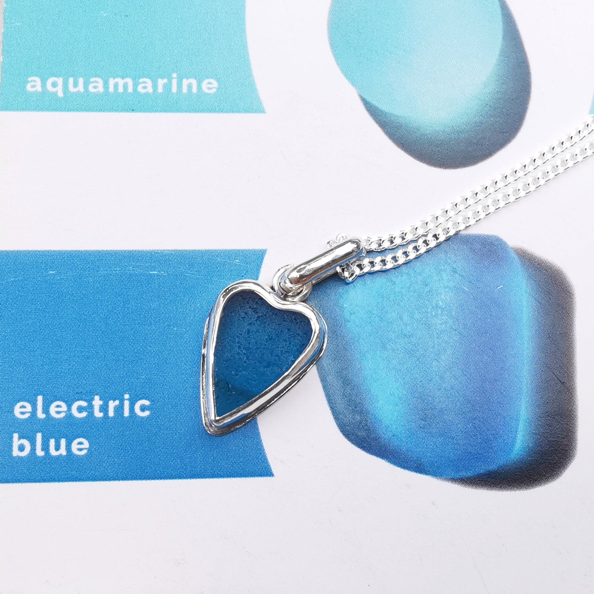 Scottish electric blue sea glass heart pendant, sterling silver necklace - monopatin
