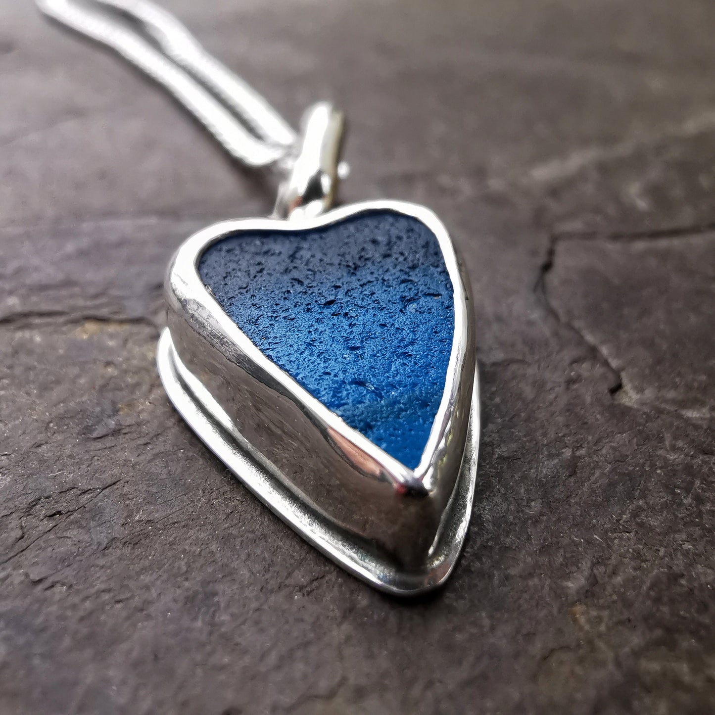 Scottish electric blue sea glass heart pendant, sterling silver necklace - monopatin