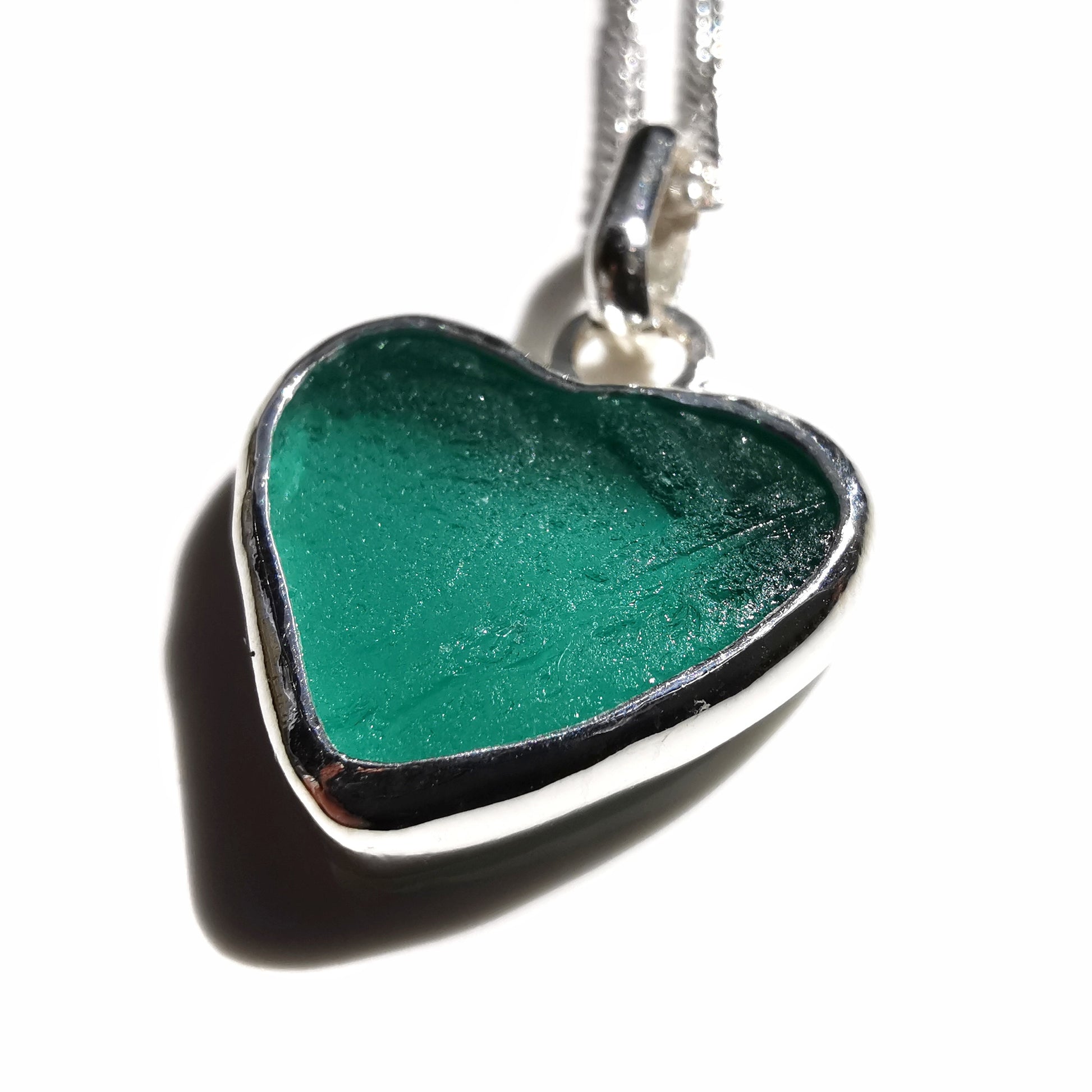 Scottish teal green sea glass heart pendant, sterling silver necklace - monopatin