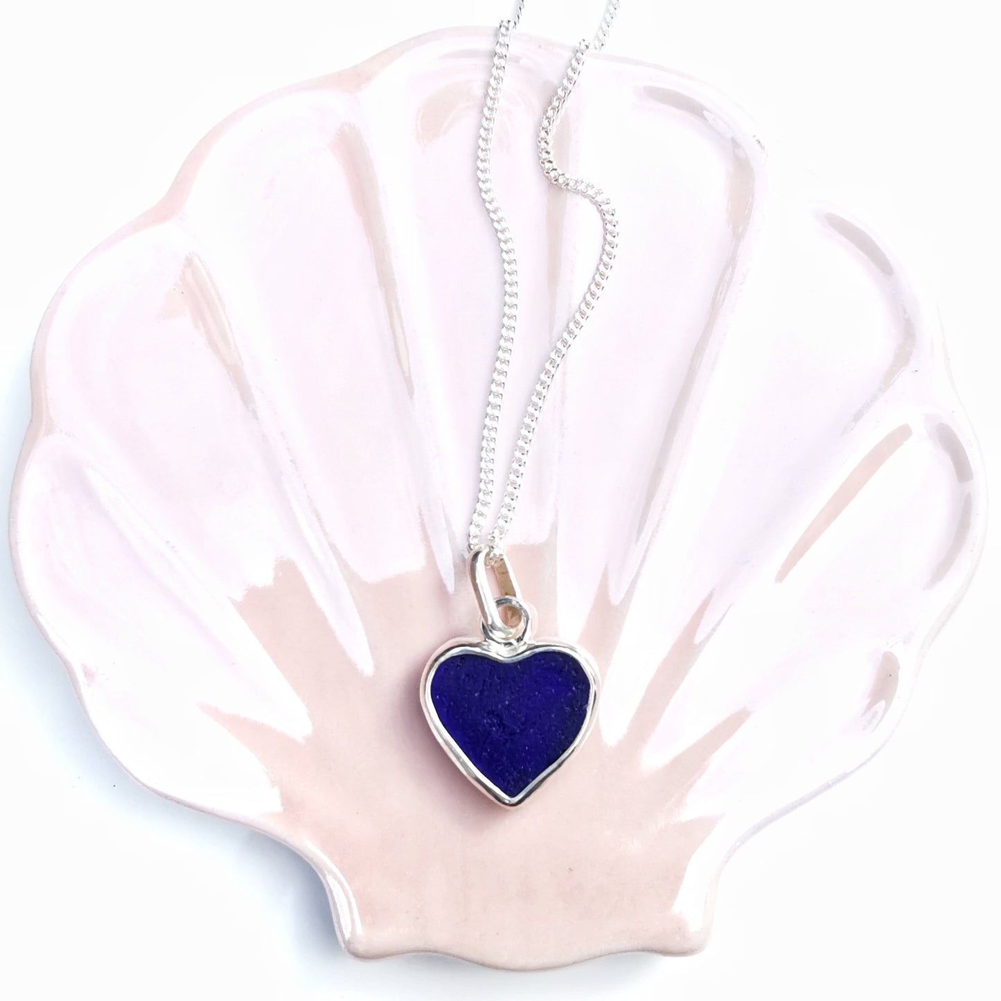 Blue textured sea glass heart pendant, sterling silver necklace - monopatin