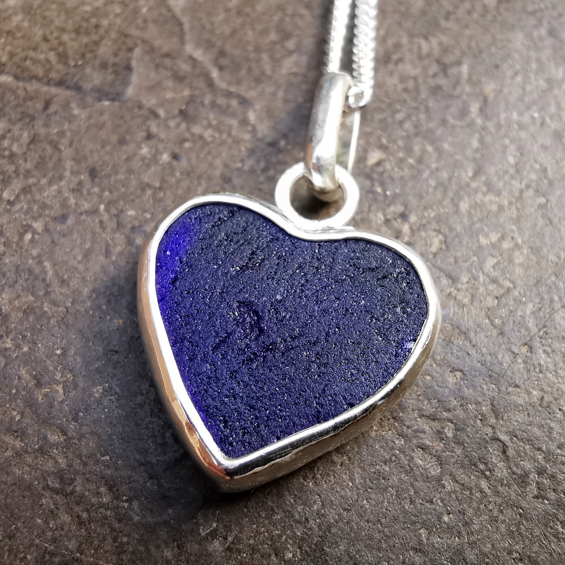 Blue textured sea glass heart pendant, sterling silver necklace - monopatin