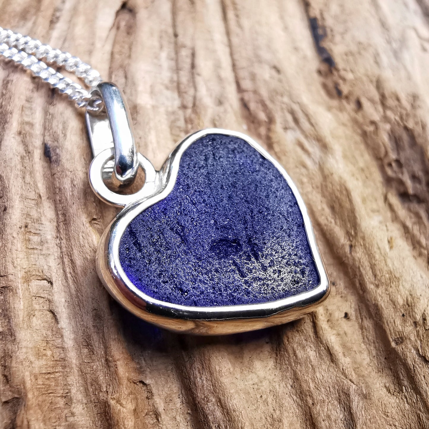 Blue textured sea glass heart pendant, sterling silver necklace - monopatin