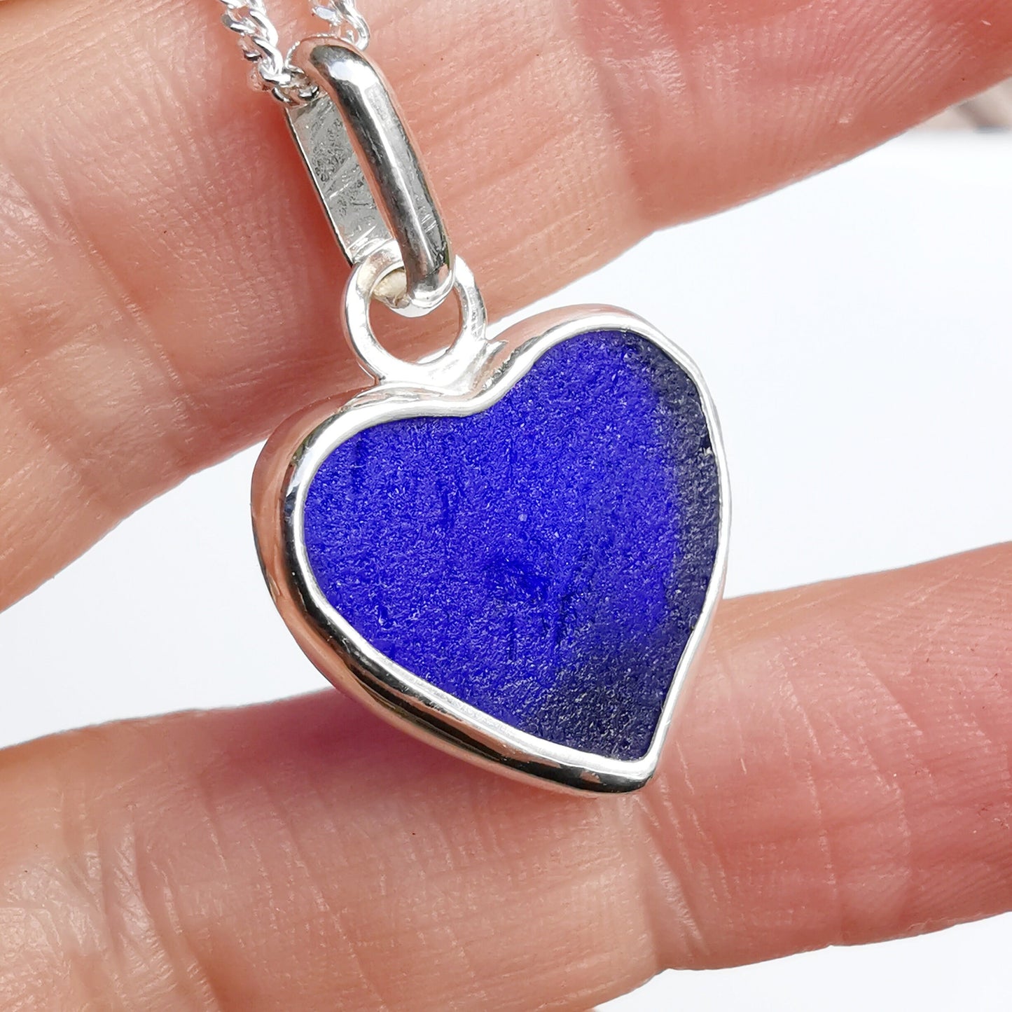 Blue textured sea glass heart pendant, sterling silver necklace - monopatin