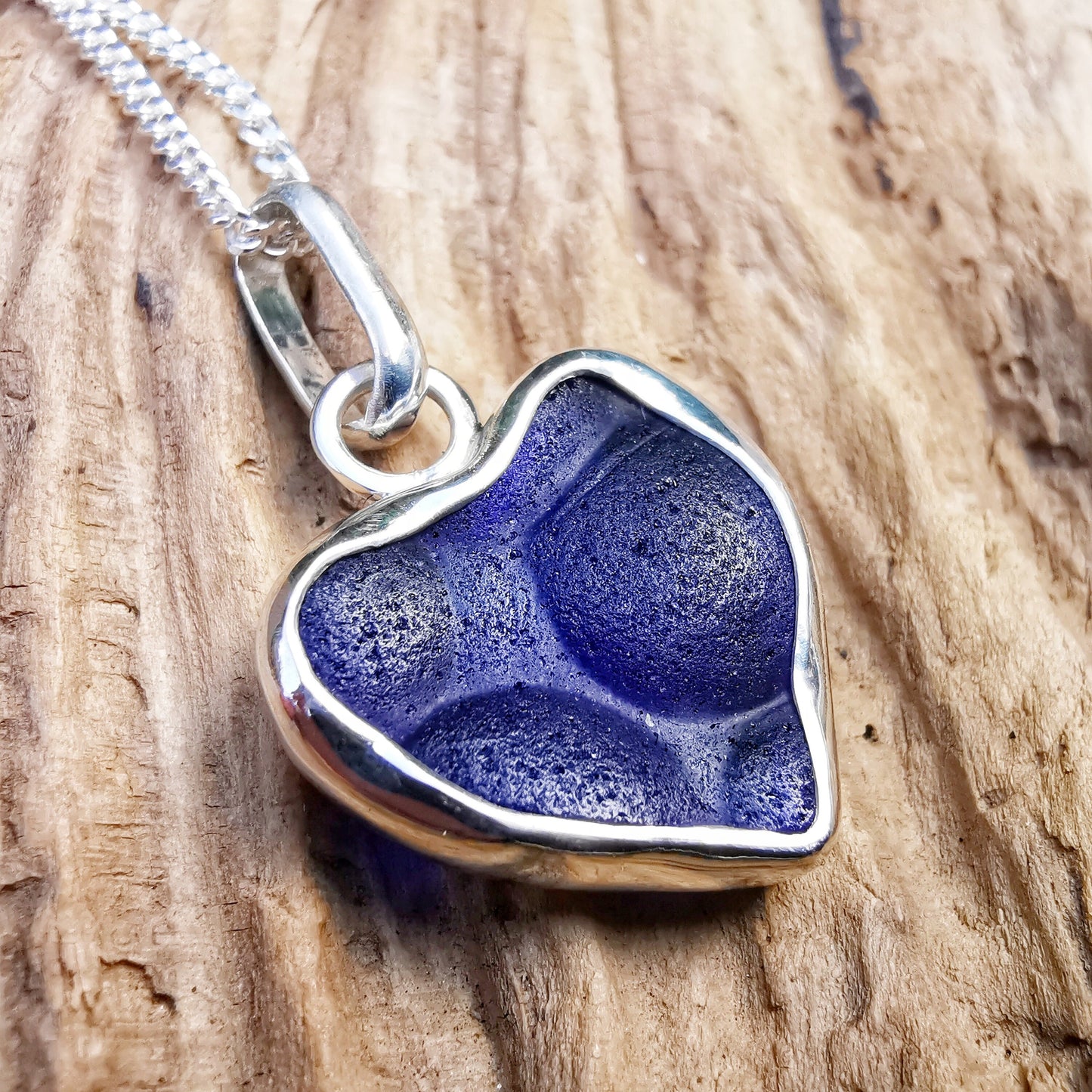 Blue textured sea glass heart pendant, sterling silver necklace - monopatin