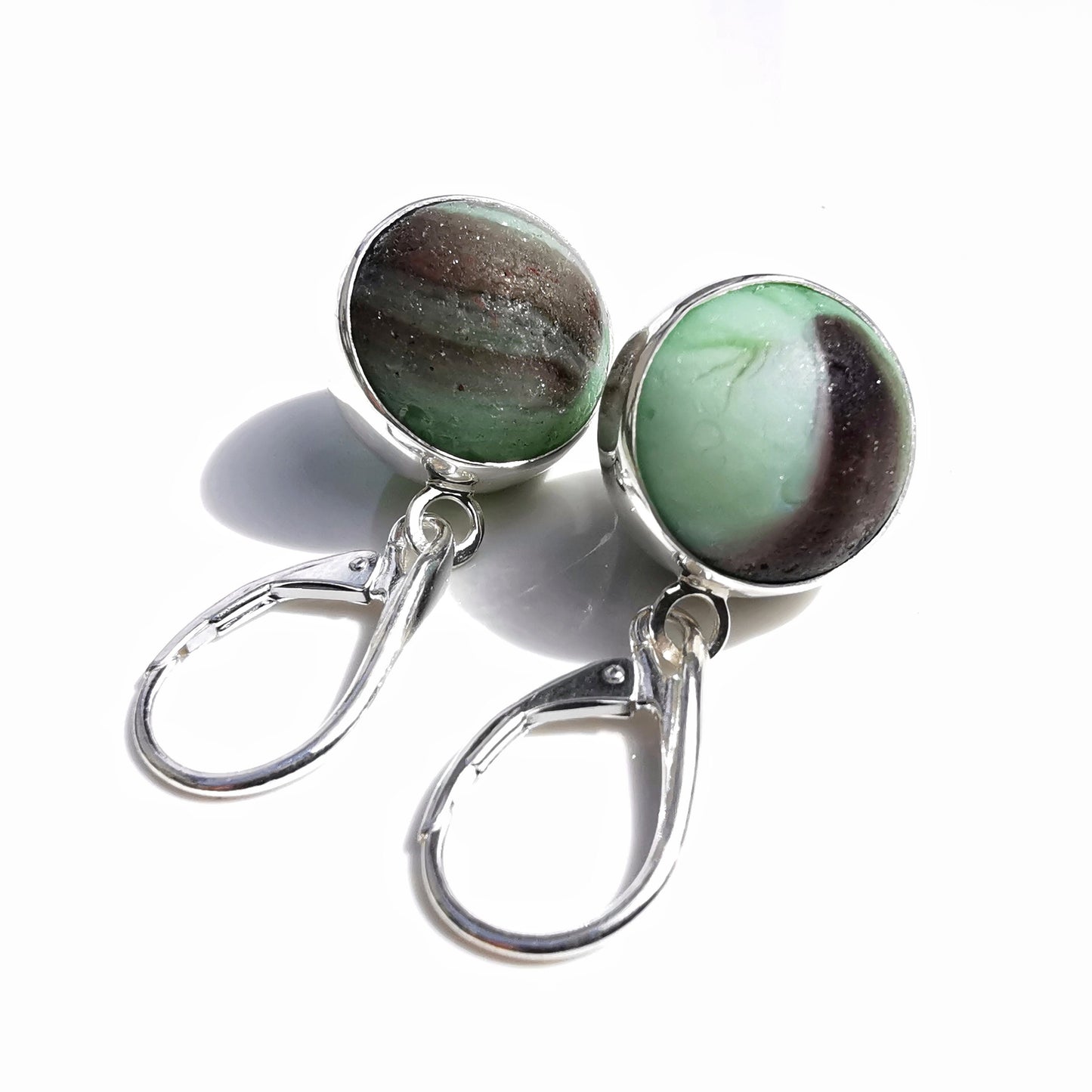 Genuine Scottish mint green and purple sea glass marbles and sterling silver earrings - monopatin