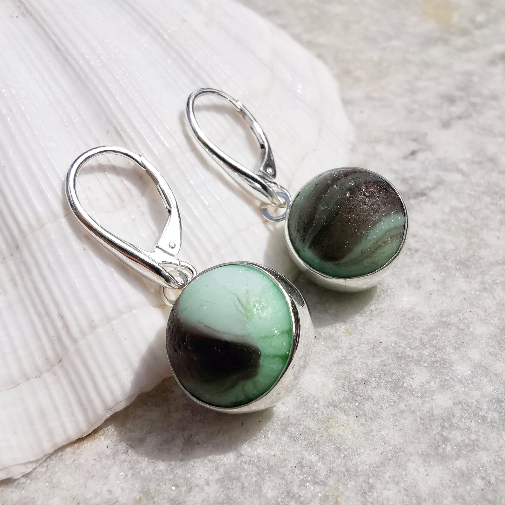 Genuine Scottish mint green and purple sea glass marbles and sterling silver earrings - monopatin