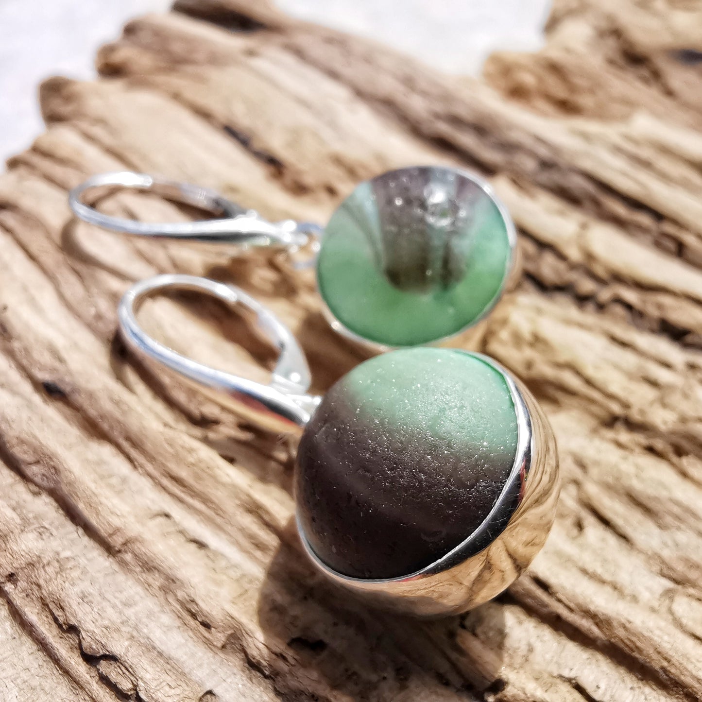 Genuine Scottish mint green and purple sea glass marbles and sterling silver earrings - monopatin