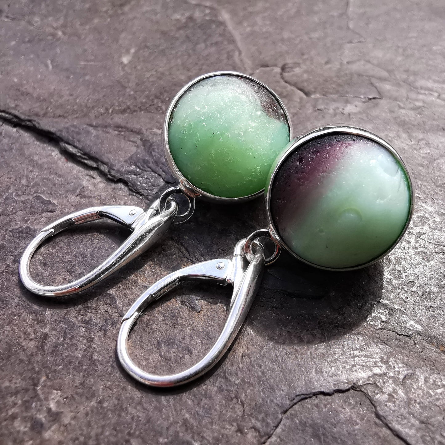 Genuine Scottish mint green and purple sea glass marbles and sterling silver earrings - monopatin