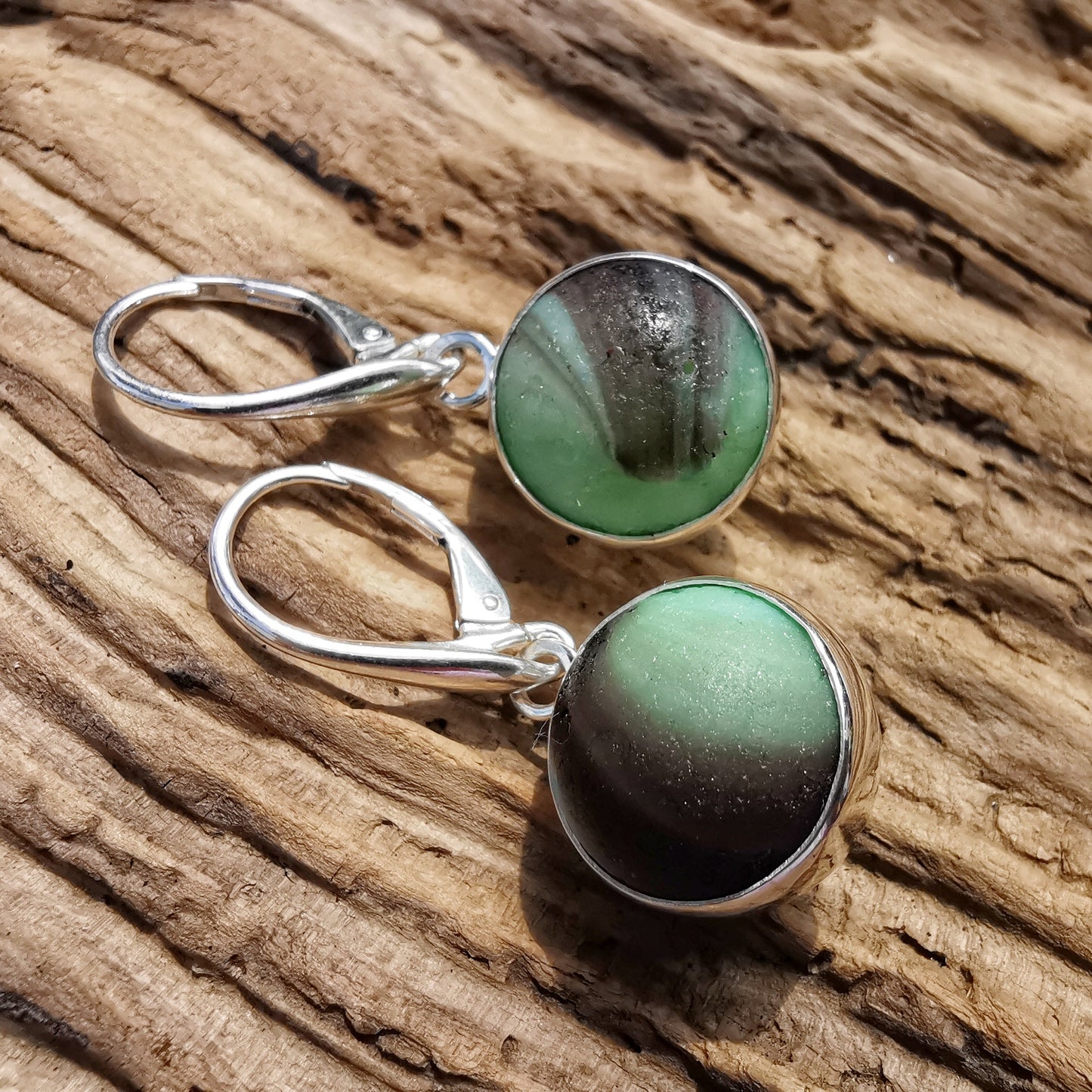 Genuine Scottish mint green and purple sea glass marbles and sterling silver earrings - monopatin