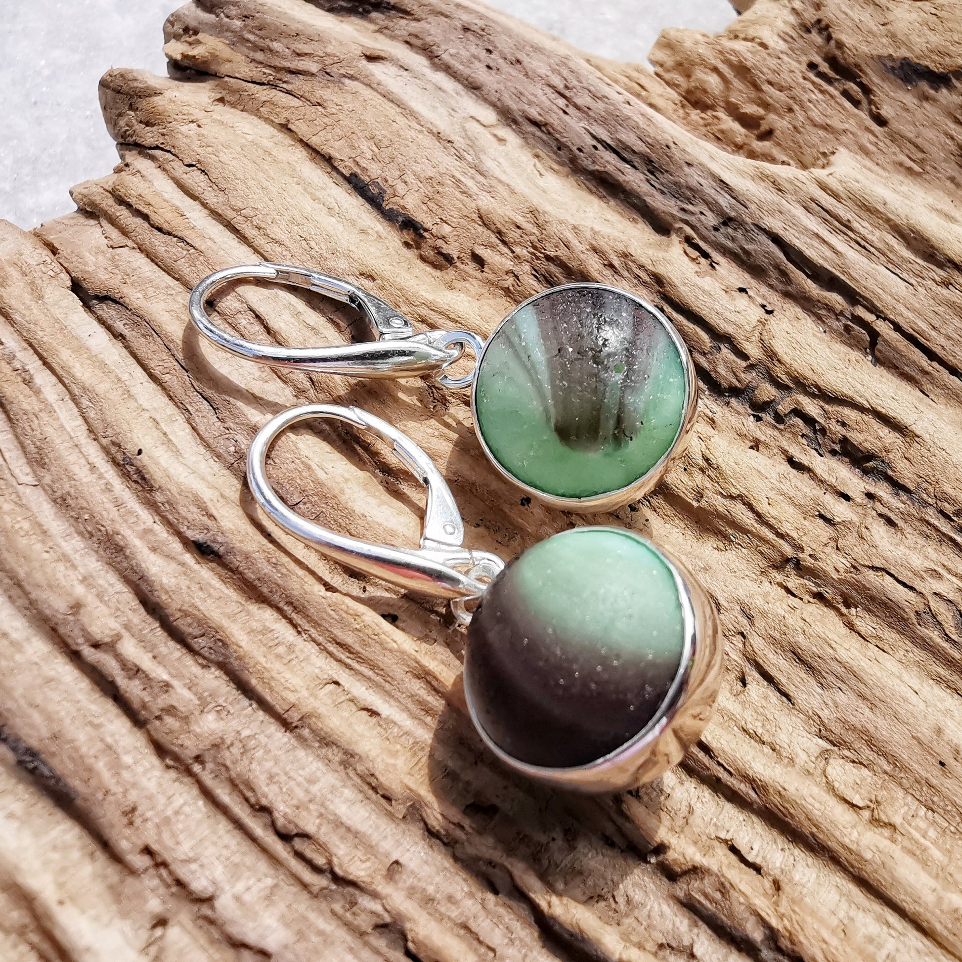 Genuine Scottish mint green and purple sea glass marbles and sterling silver earrings - monopatin