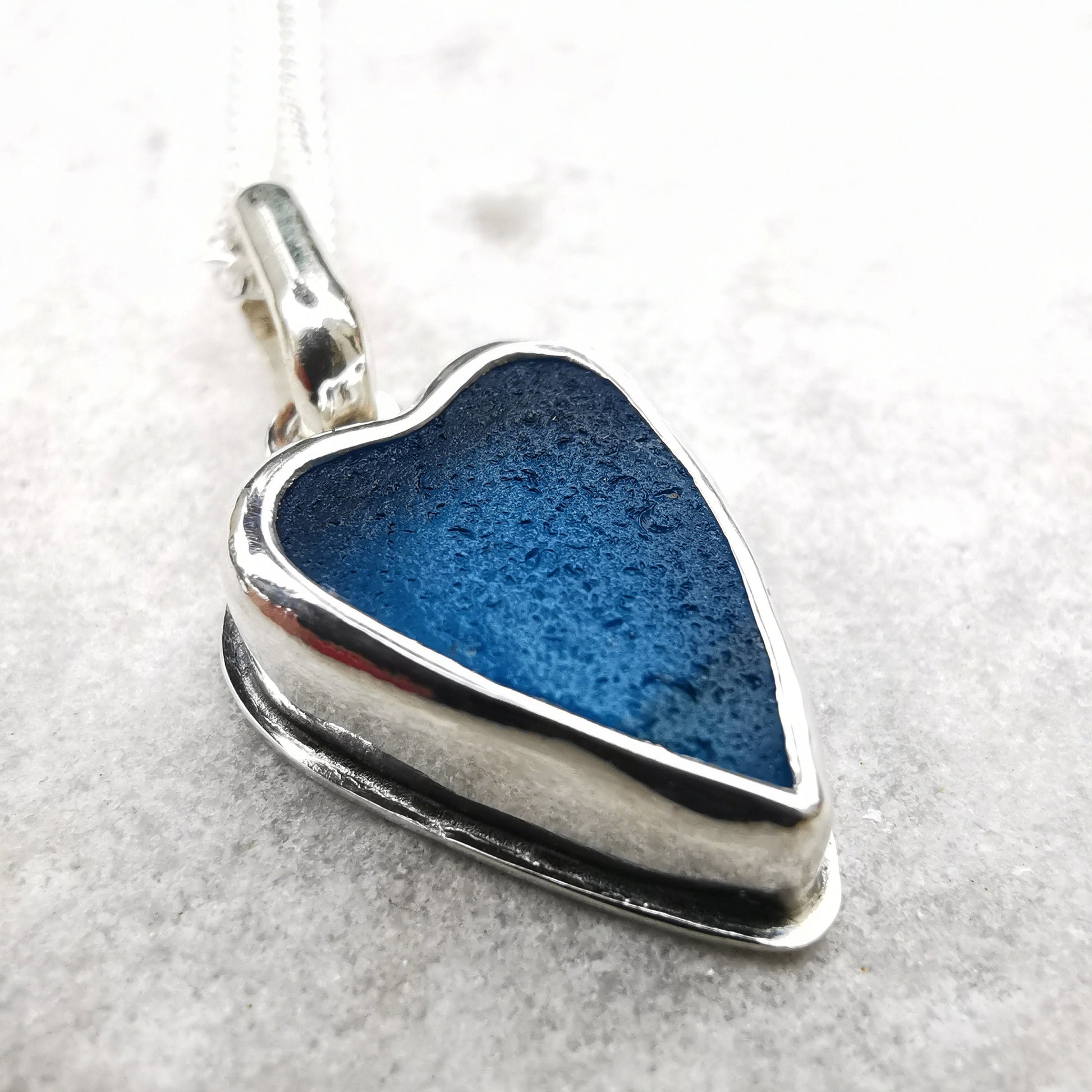 Scottish electric blue sea glass heart pendant, sterling silver necklace - monopatin