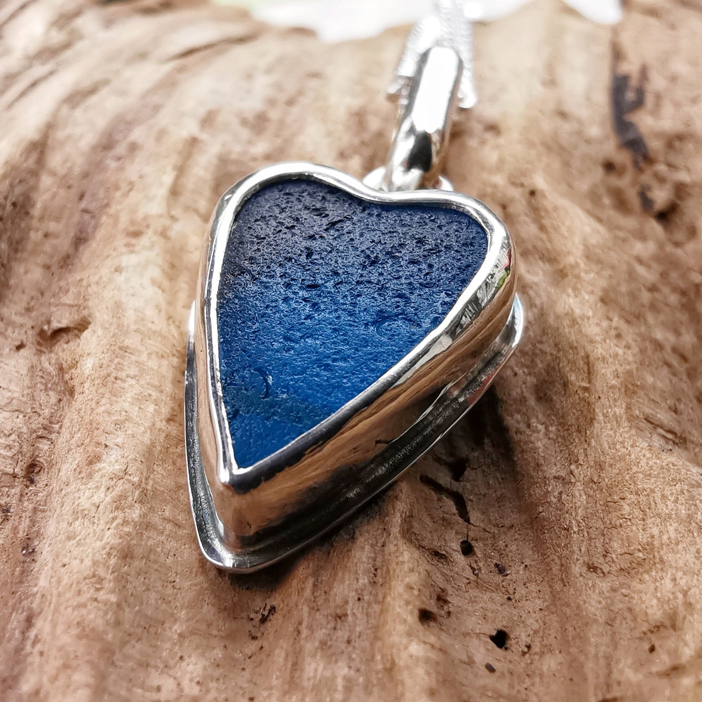 Scottish electric blue sea glass heart pendant, sterling silver necklace - monopatin