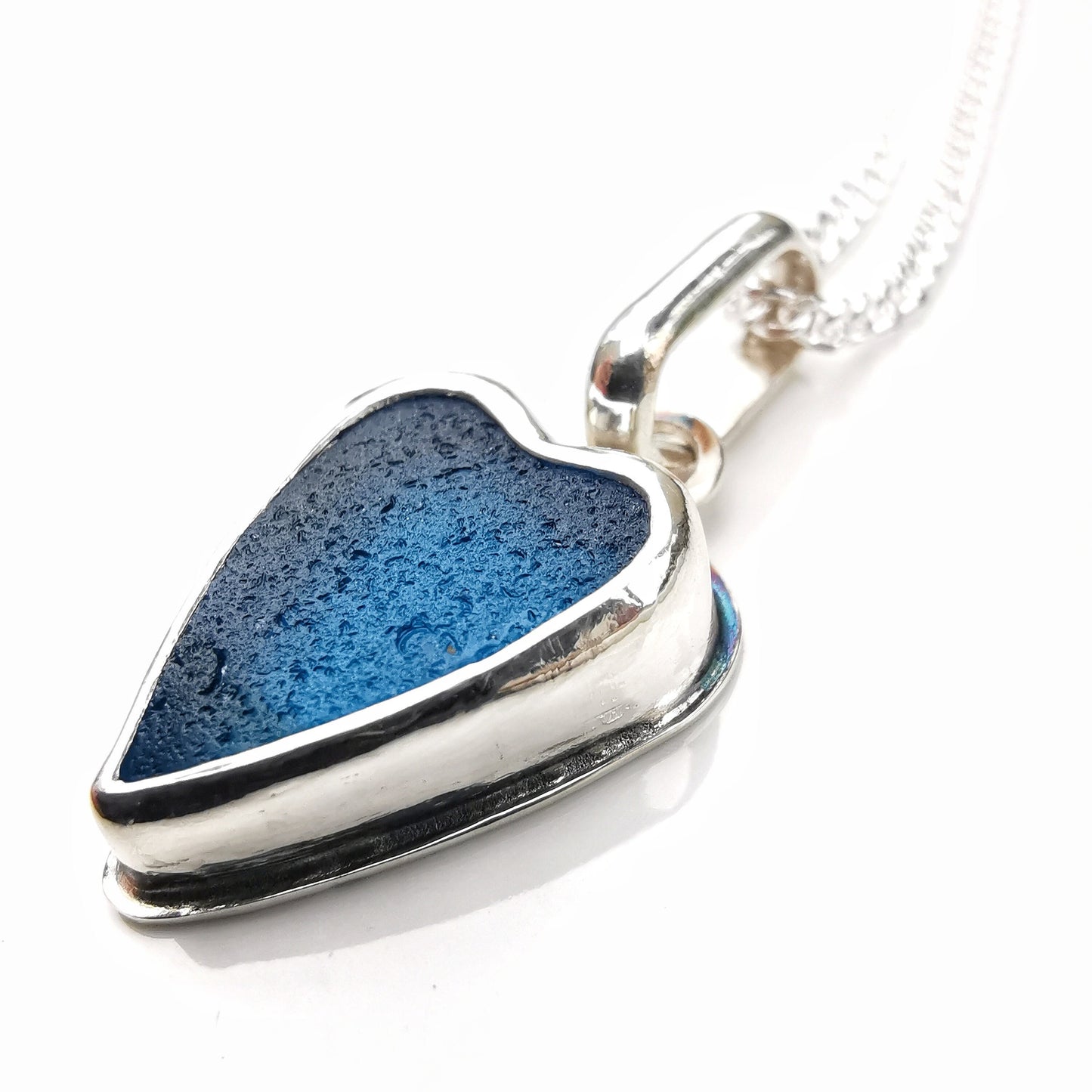 Scottish electric blue sea glass heart pendant, sterling silver necklace - monopatin