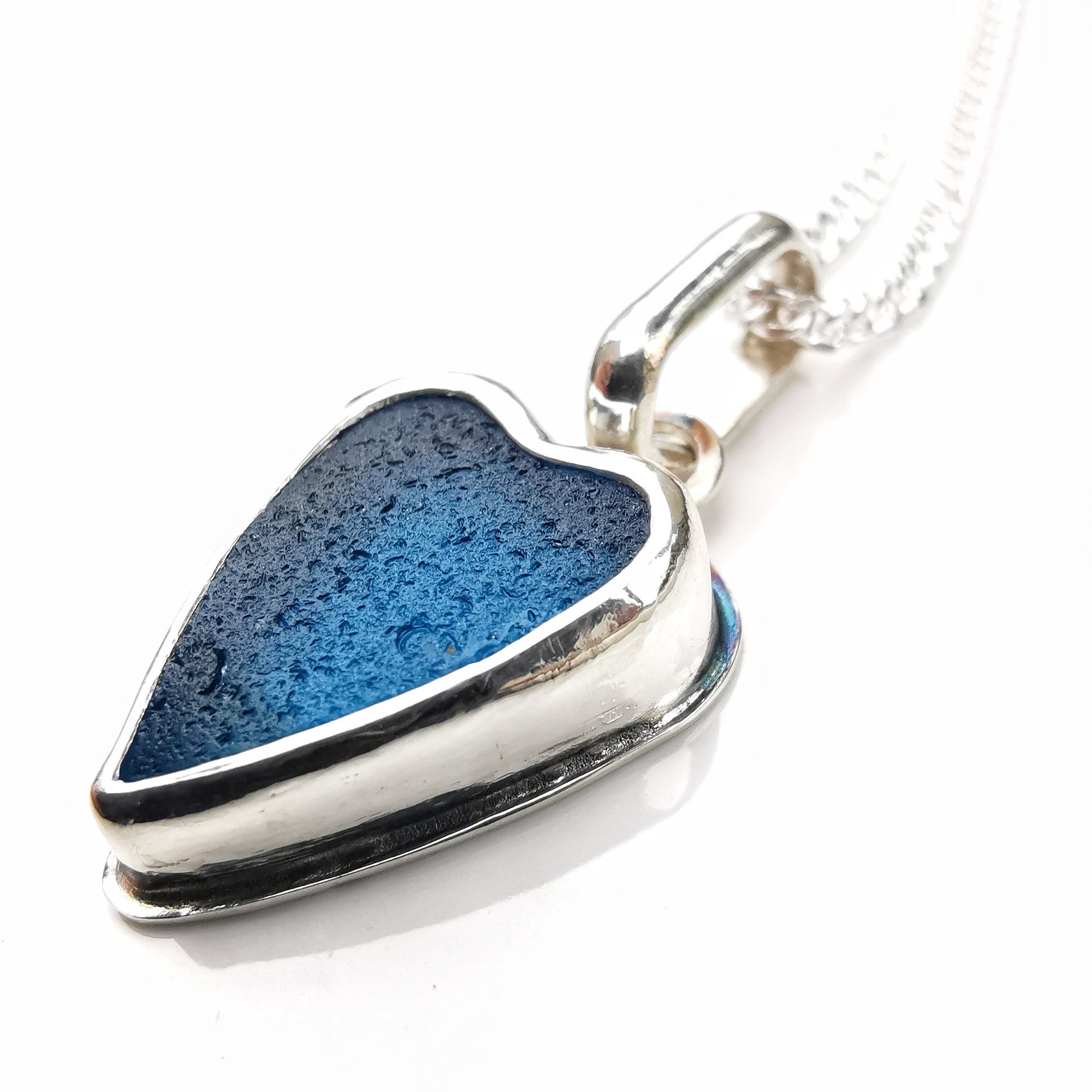 Scottish electric blue sea glass heart pendant, sterling silver necklace - monopatin