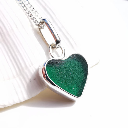 Scottish teal sea glass heart pendant, sterling silver necklace