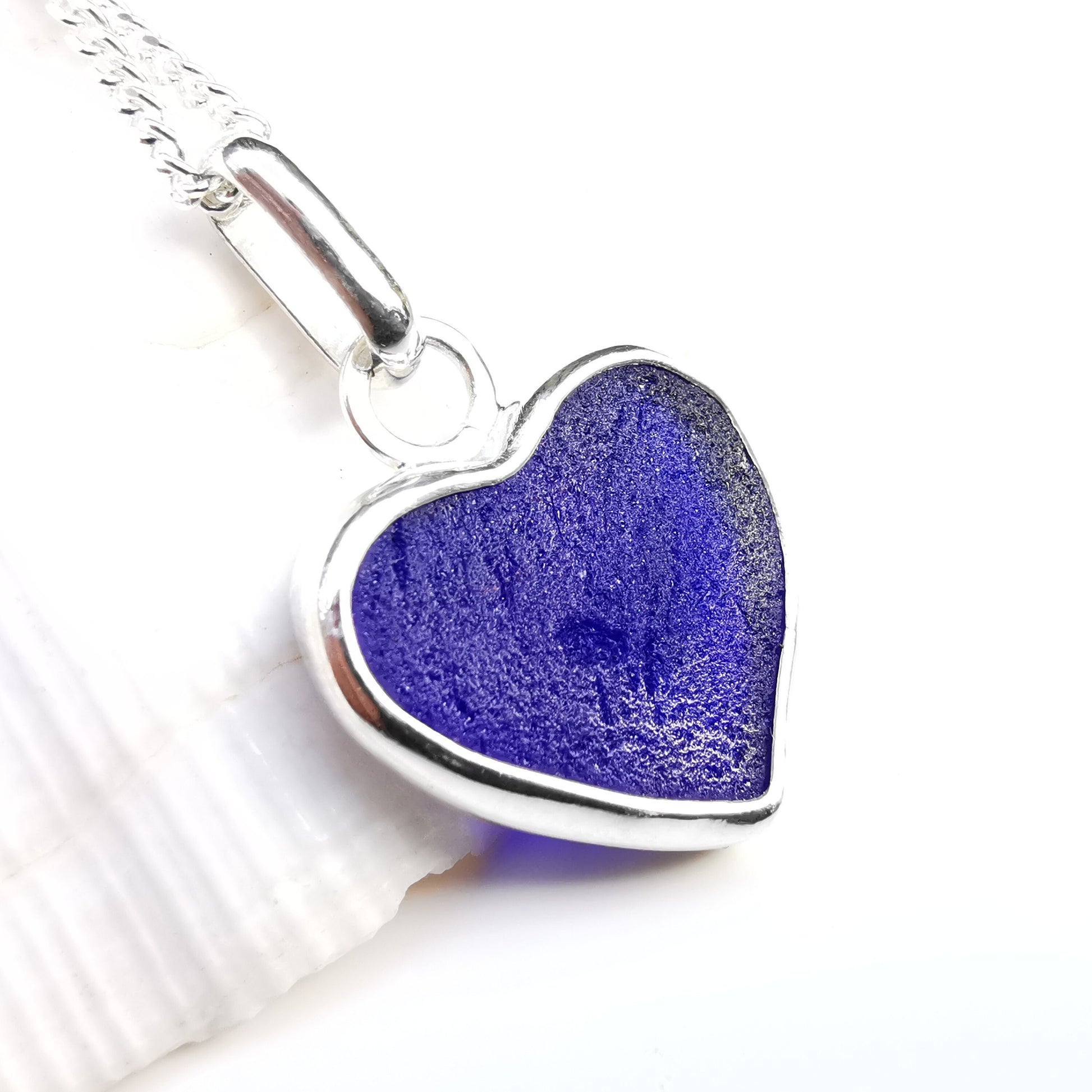 Blue textured sea glass heart pendant, sterling silver necklace - monopatin