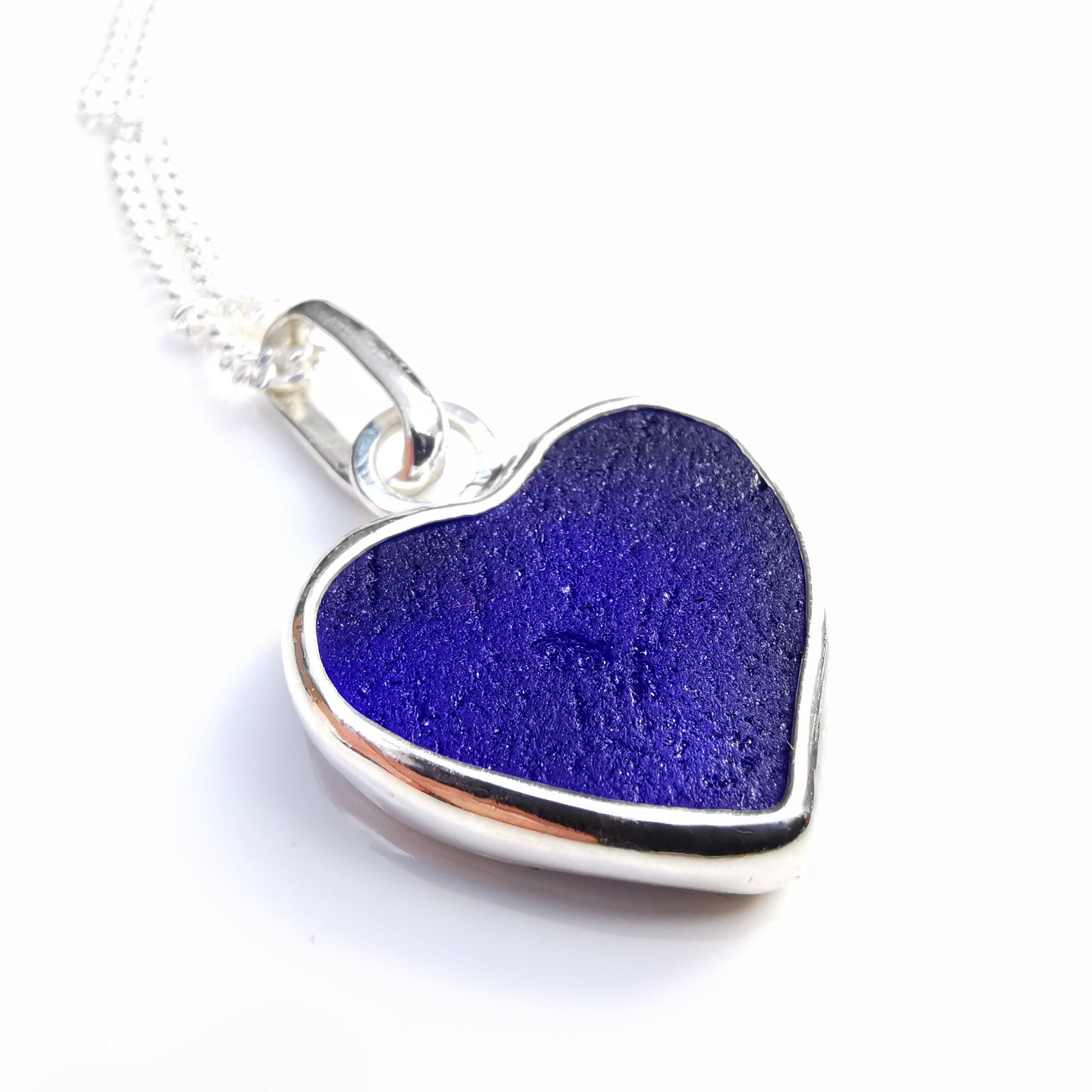 Blue textured sea glass heart pendant, sterling silver necklace - monopatin