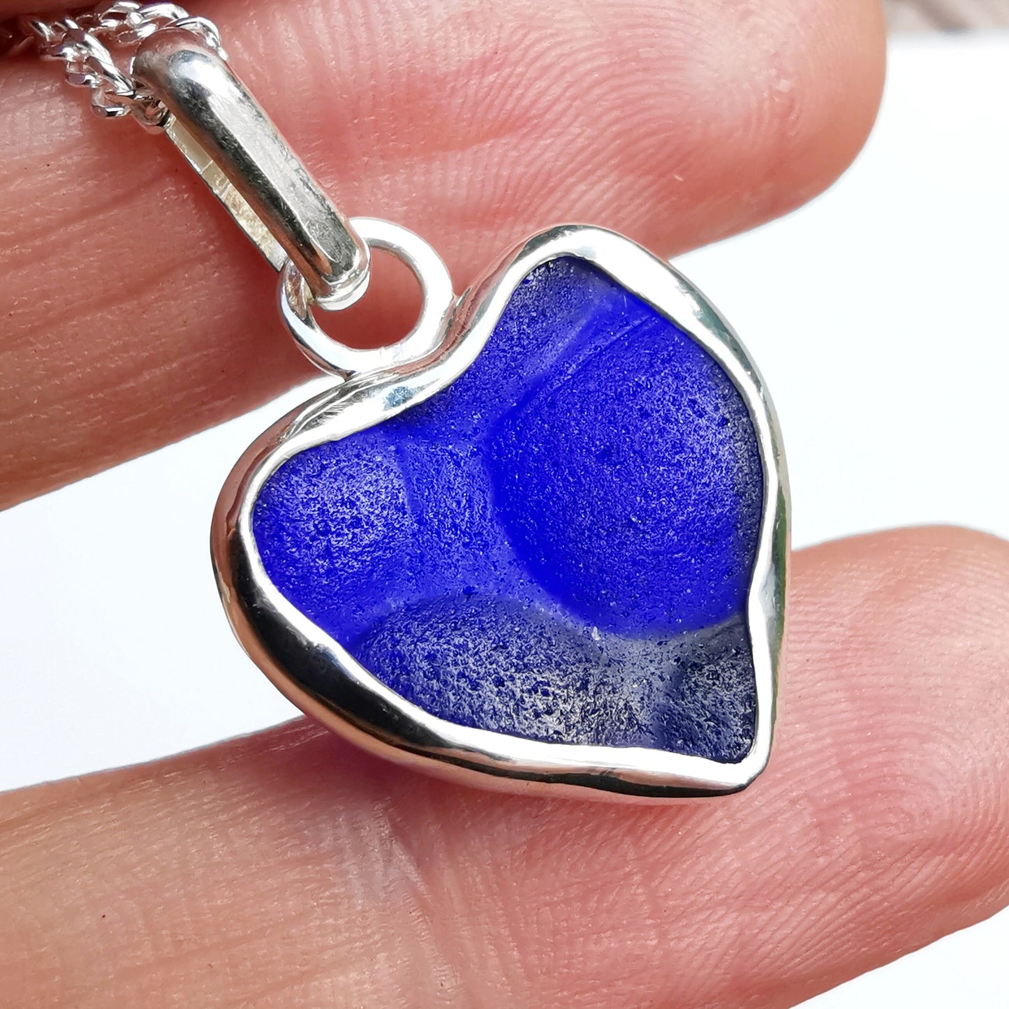 Blue textured sea glass heart pendant, sterling silver necklace - monopatin