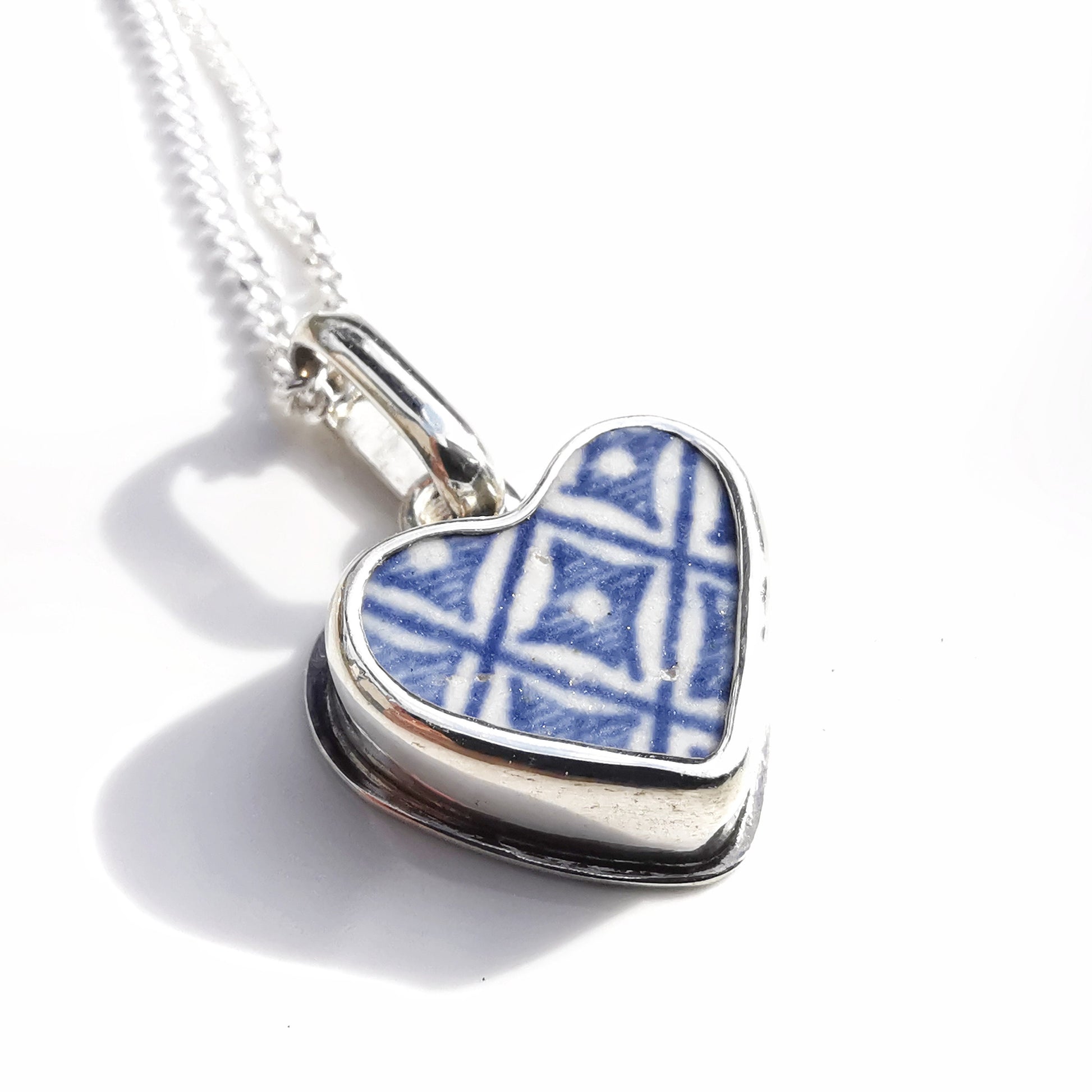 Scottish blue willow, blue and white pattern beach pottery heart pendant, sterling silver necklace - monopatin