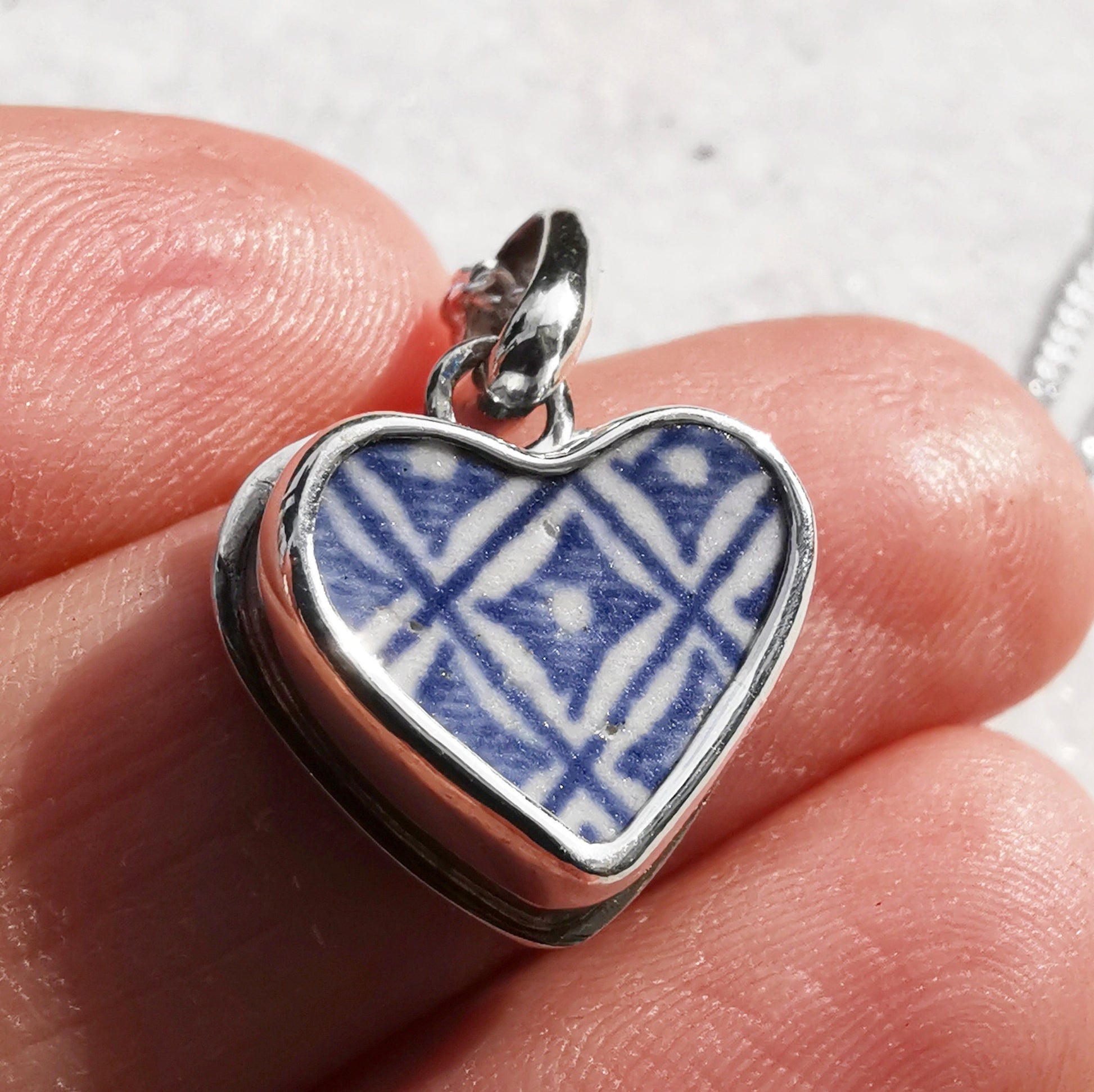 Scottish blue willow, blue and white pattern beach pottery heart pendant, sterling silver necklace - monopatin