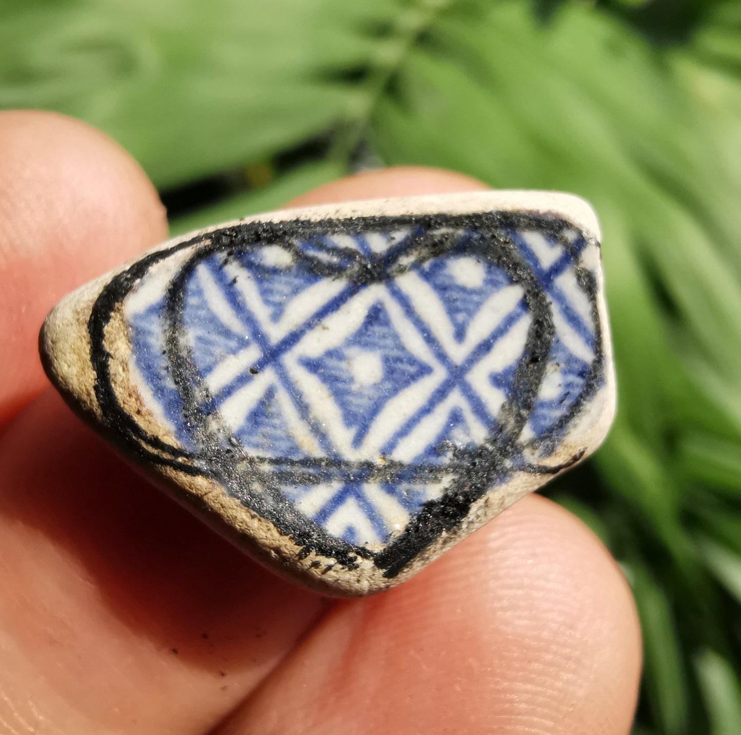 Scottish blue willow, blue and white pattern beach pottery heart pendant, sterling silver necklace - monopatin