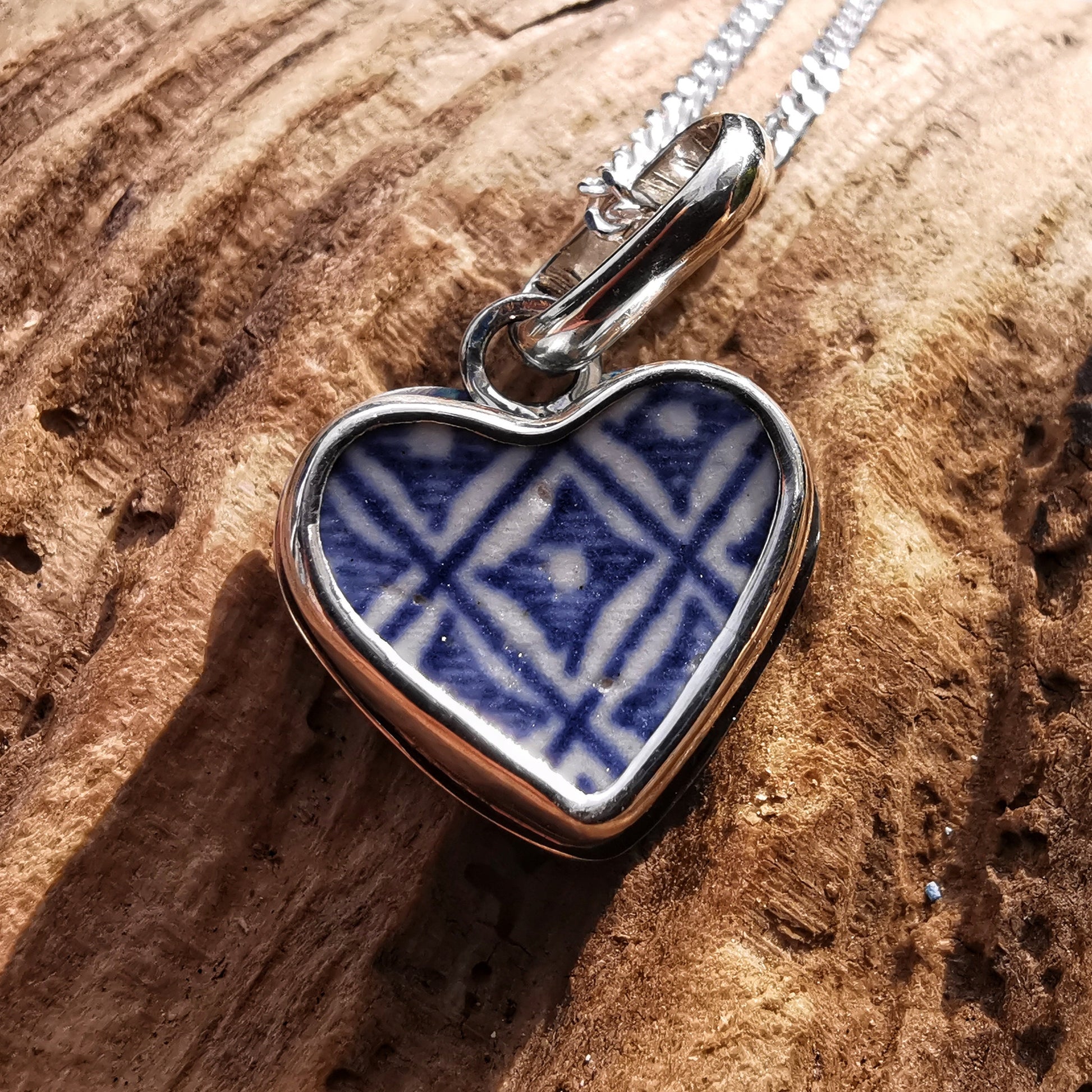 Scottish blue willow, blue and white pattern beach pottery heart pendant, sterling silver necklace - monopatin