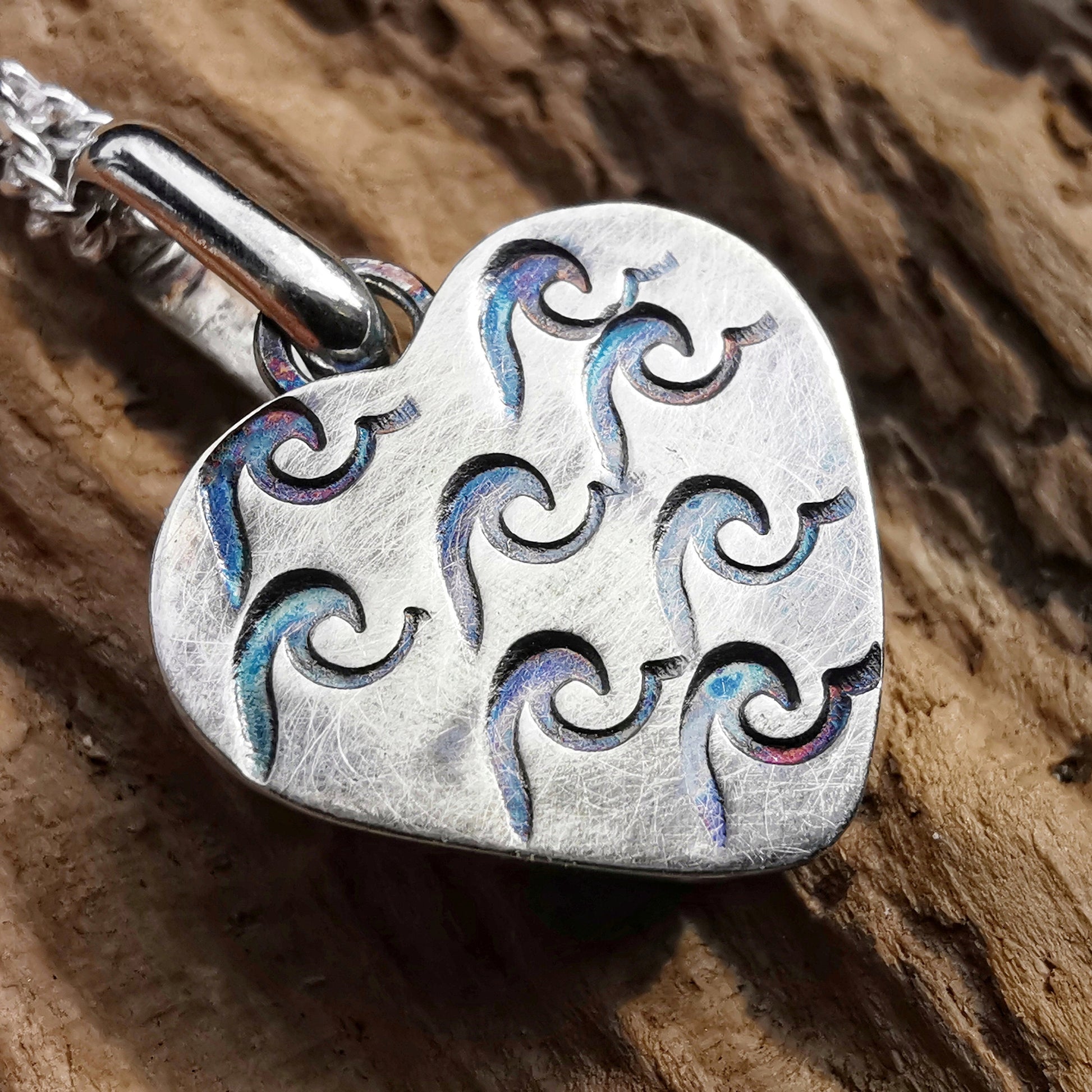 Scottish blue willow, blue and white pattern beach pottery heart pendant, sterling silver necklace - monopatin