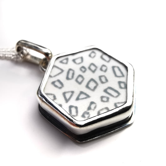 White and grey beach pottery hexagonal pendant, sterling silver necklace - monopatin